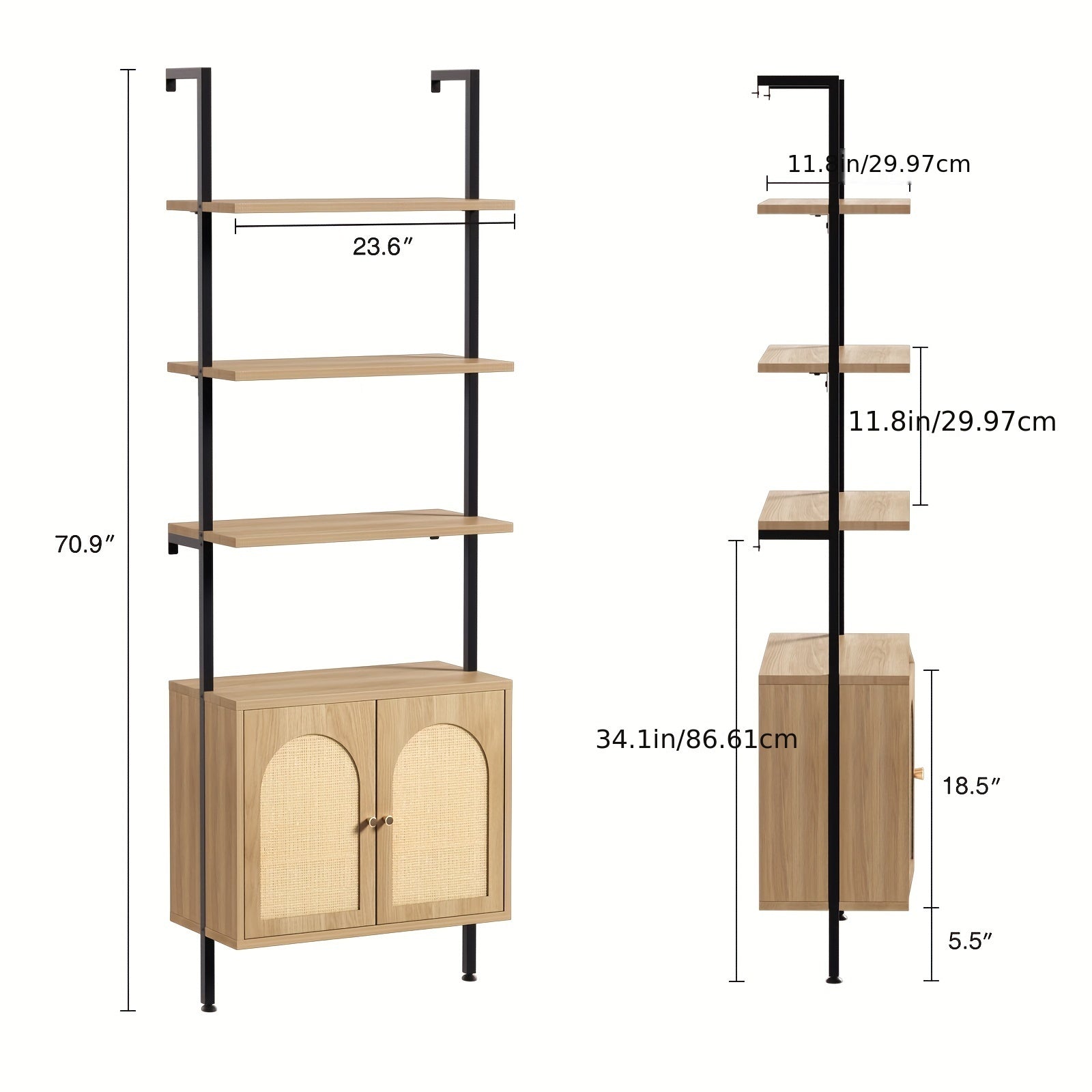 Ladder Bookcase With Rattan Cabinet, 6 Tier Wall Mounted Ladder Shelf, Open Storage Shelf With Metal Frame For Living Room, Bathroom, Home Office, Natural/Black