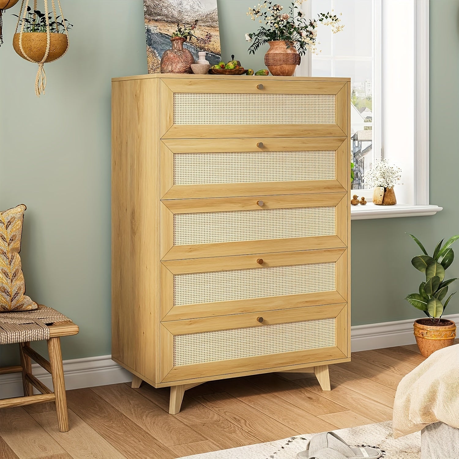 Modern Tall Bedroom Dresser Rattan Dresser For Bedroom With 5 Drawer Chest Of Drawers For Living Room