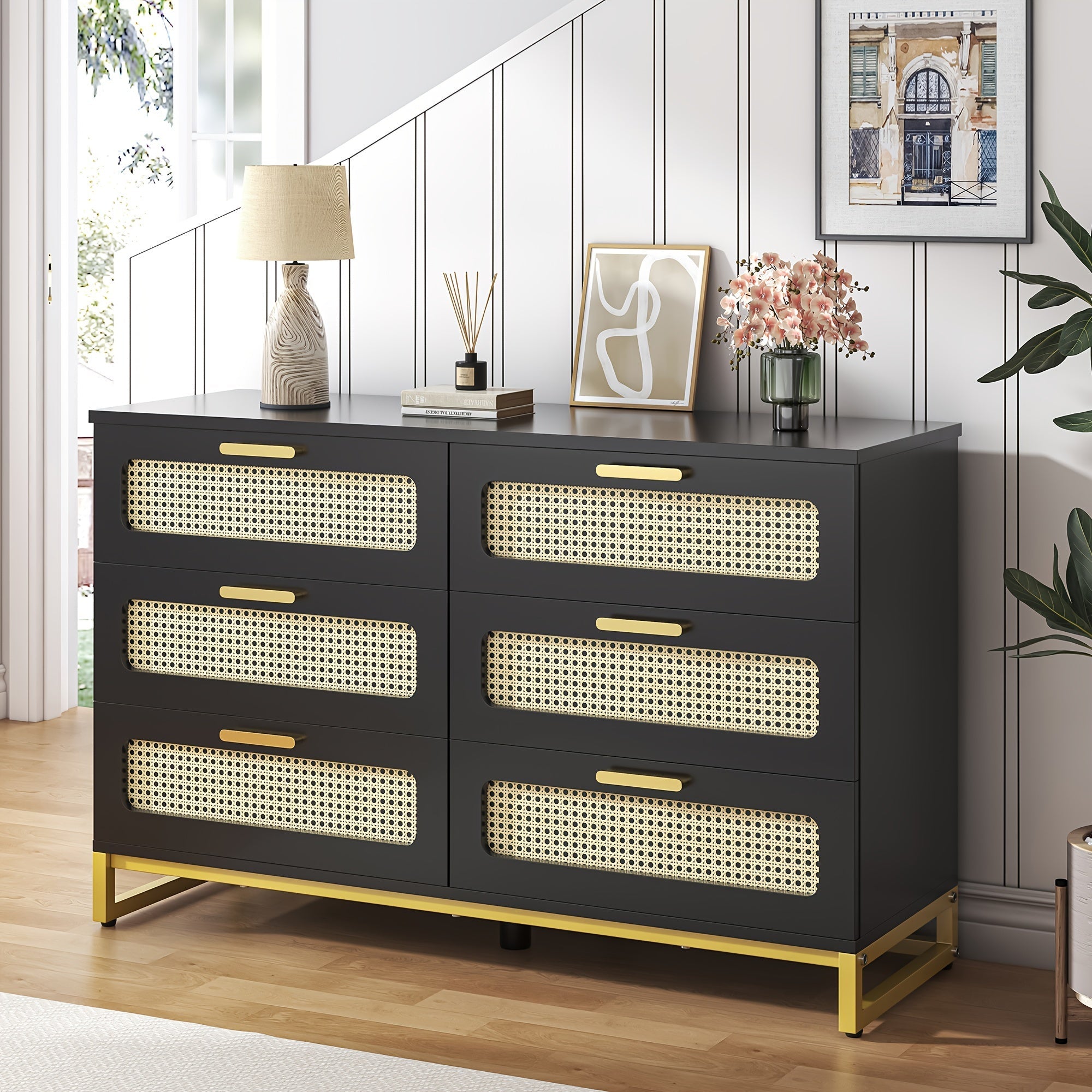 1PCS, 6 Drawer Dresser, Modern Rattan Dresser Chest, Chest Of Drawers For Bedroom, Living Room, Black