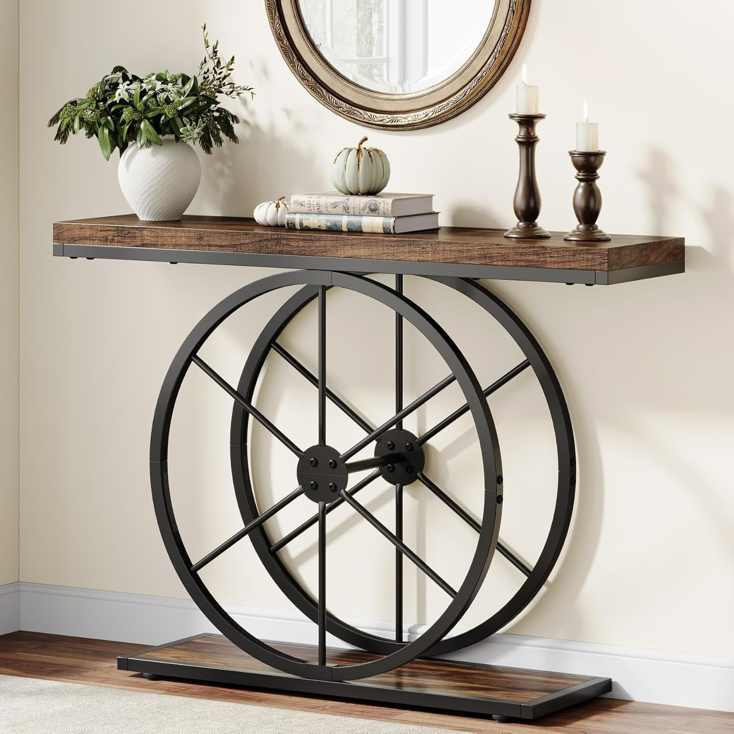 Rustic Brown Industrial Console Table - 100 cm Entryway & Living Room Narrow Sofa Table with Sturdy Wheel-Shaped Frame, Space-Saving Design, BYBLIGHT