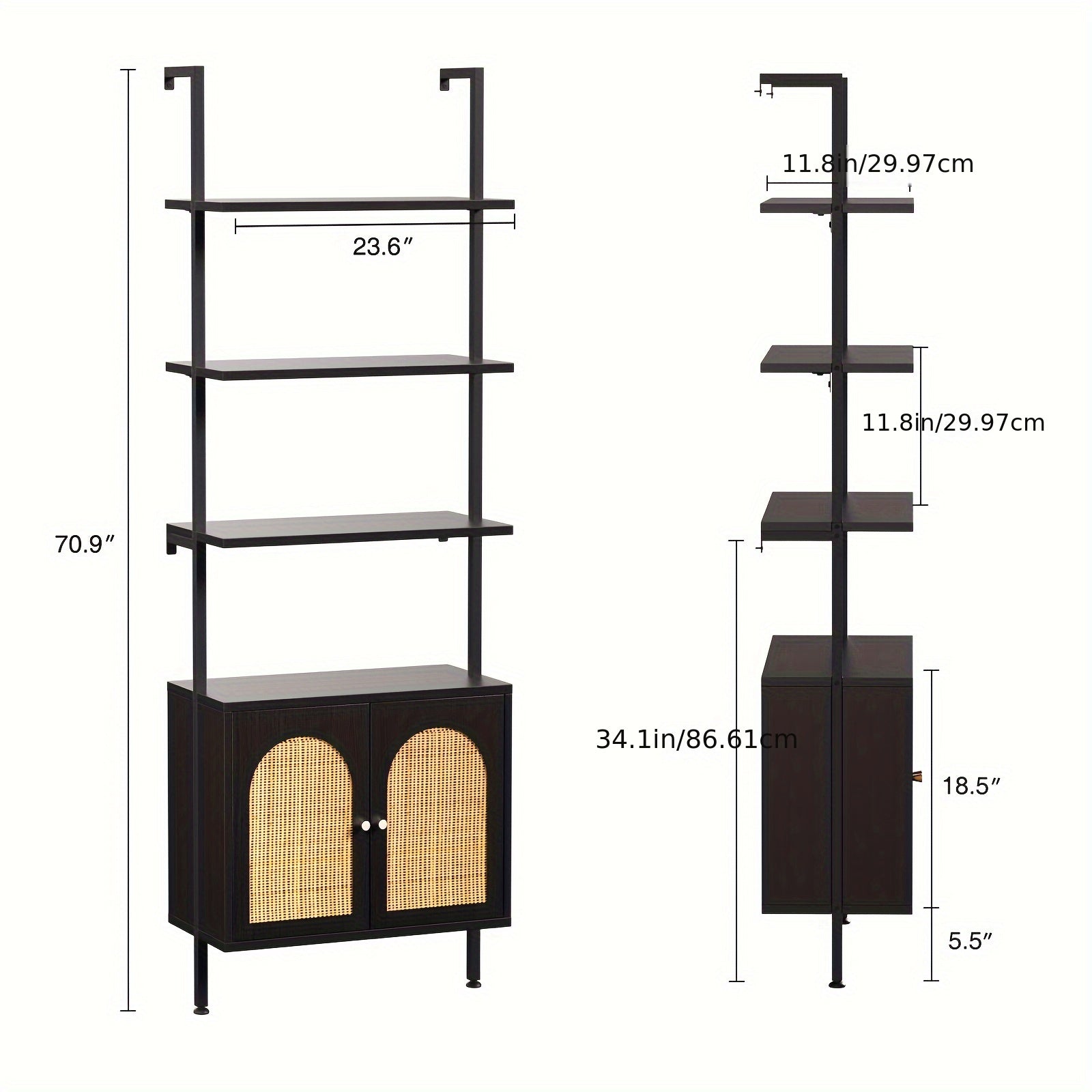 Ladder Bookcase With Rattan Cabinet, 6 Tier Wall Mounted Ladder Shelf, Open Storage Shelf With Metal Frame For Living Room, Bathroom, Home Office, Natural/Black