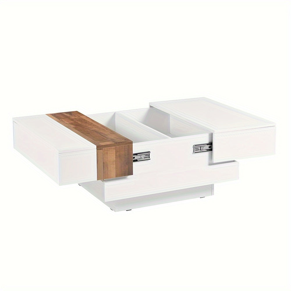 81cm Square Coffee Table With Sliding Tabletop, High Gloss Center Table With Hidden Storage Compartment, Extendable Cocktail Table With Walnut Grain Finish For Living Room