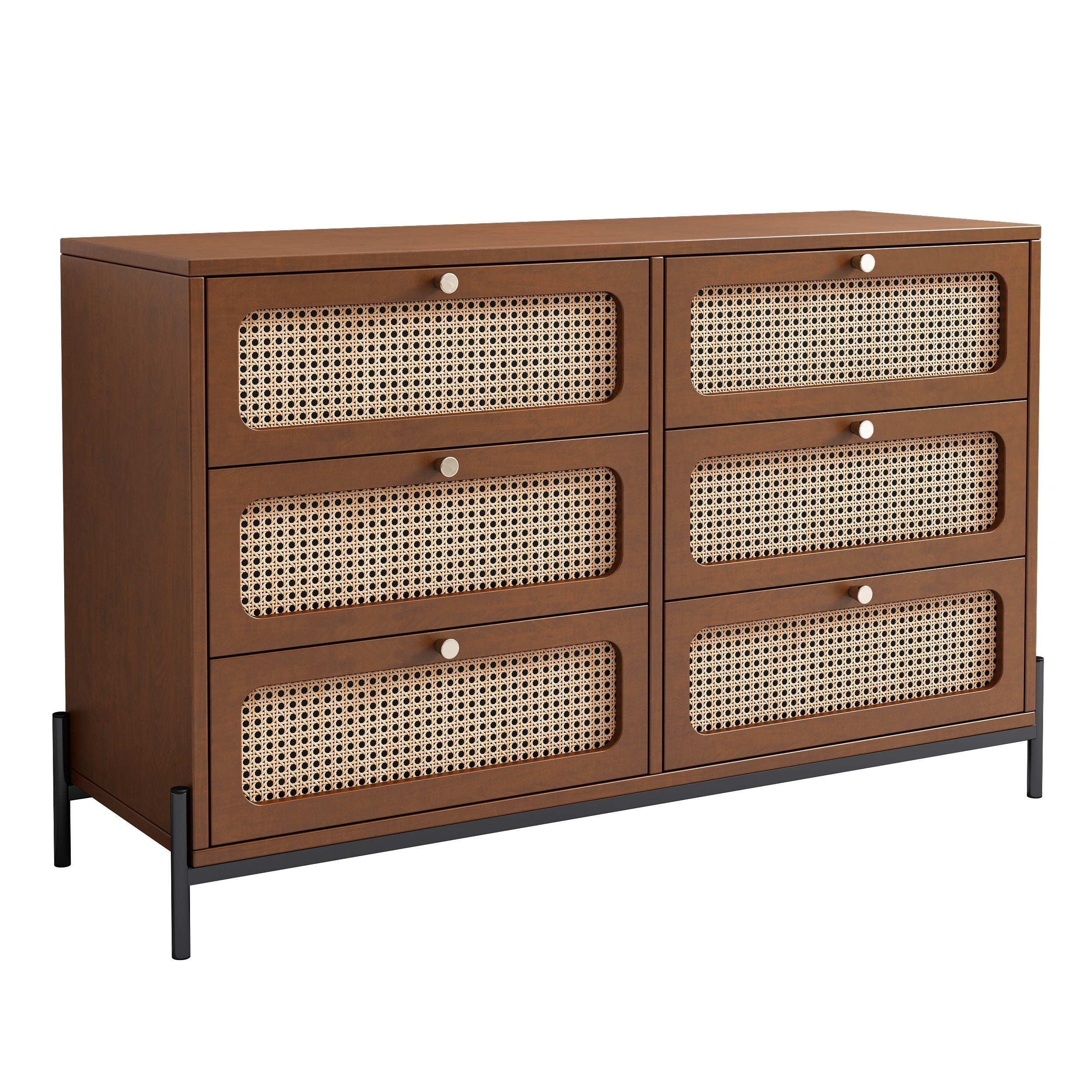 Modern Cannage Rattan Wood Closet 6-Drawer Dresser Wood Storage Cabinet Sideboard for Bedroom, Living Room, Entryway, Hallway