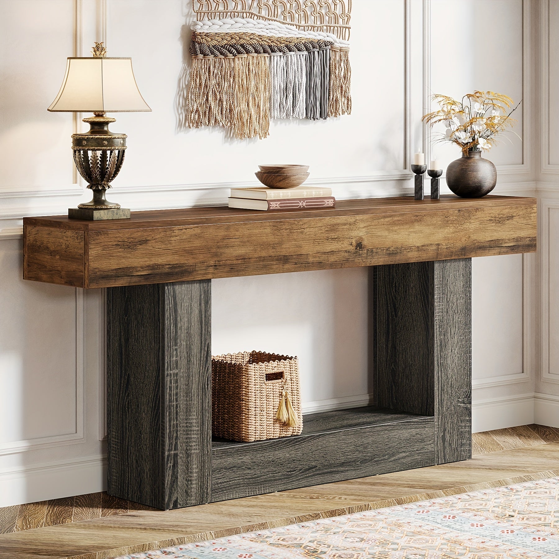 160 cm Narrow Long Console Table With Storage, Farmhouse 2-Tier Entryway Table With U-Shaped Base, Vintage Wood Sofa Table Behind Couch Table For Living Room, Hallway, Foyer, Rustic Brown And Grey