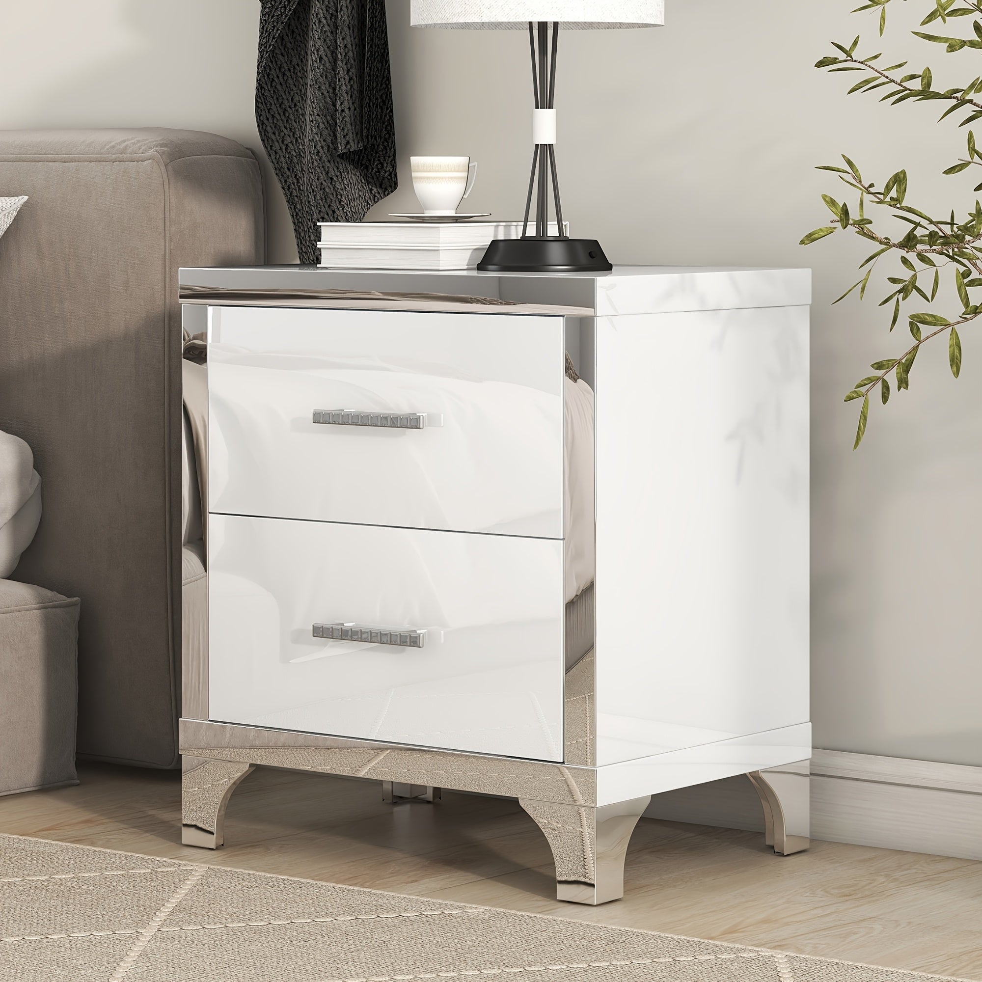 Elegant High Gloss Nightstand With Metal Handle, Mirrored Bedside Table With 2 Drawers For Bedroom, Living Room