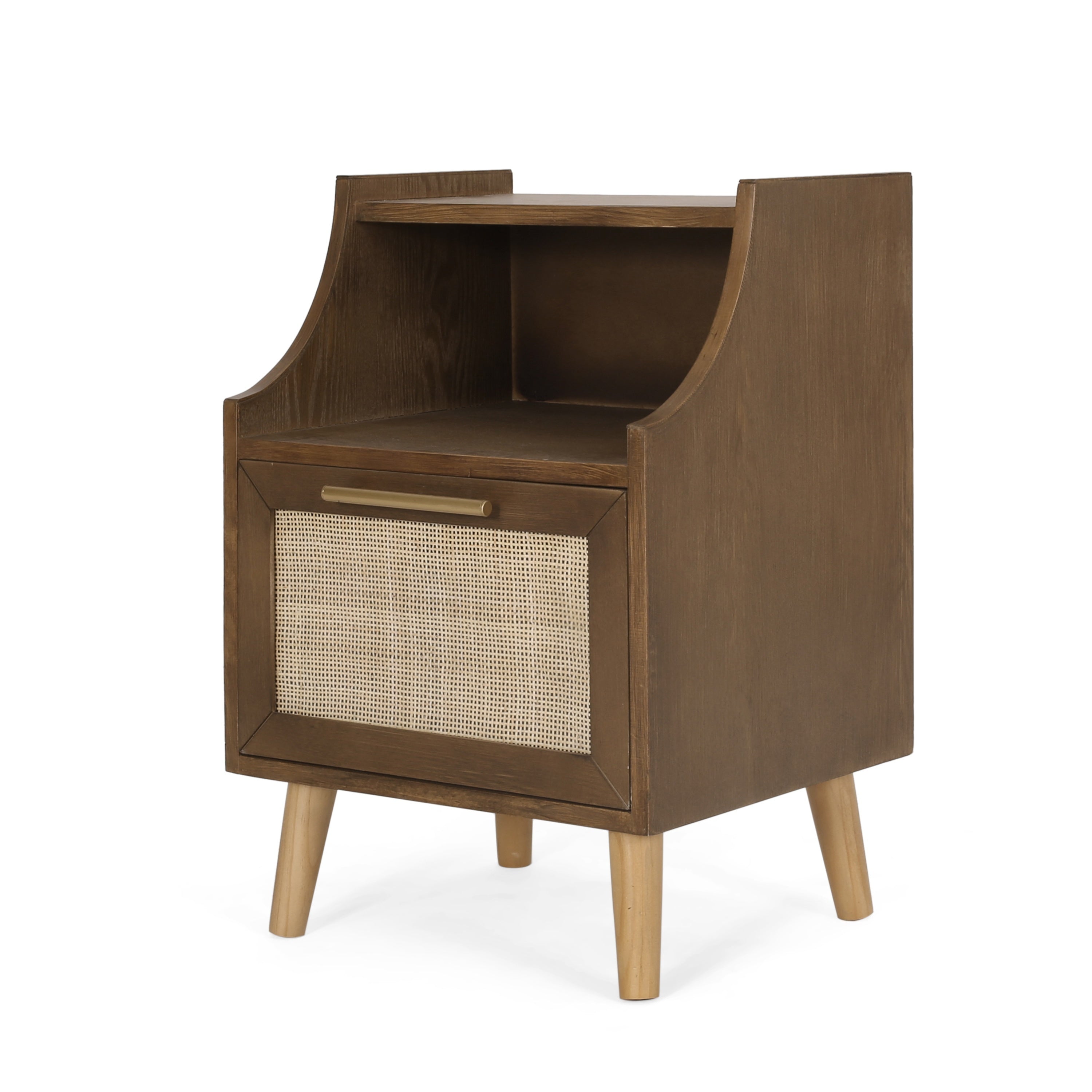 Merax Contemporary End Table With Rattan Accents And Tempered Glass - Walnut Finish, Built-in Hutch, And Antique Gold Details, Nightstand