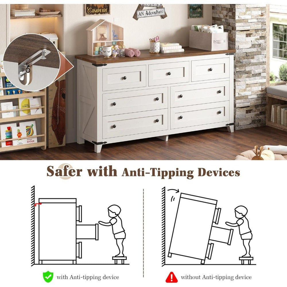 Chic Farmhouse 130cm White Wooden Dresser with 7 Drawers - Spacious Bedroom Organizer, TV Stand & Closet Storage Solution