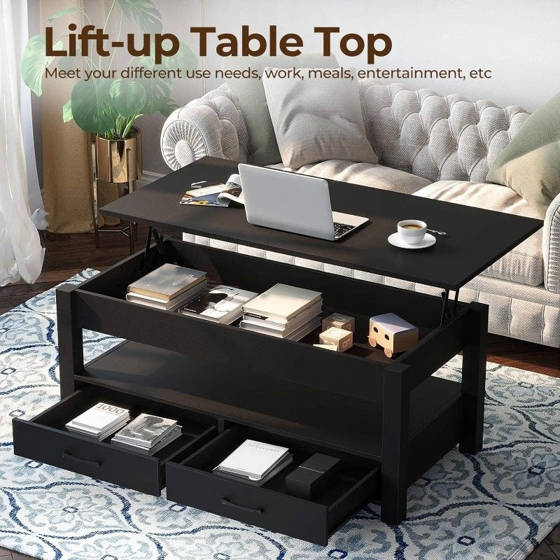 Coffee Table, 120cm Lift Top Coffee Table with Drawers and Hidden Compartment, Retro Central Table with Wooden Lift Tabletop, for Living Room