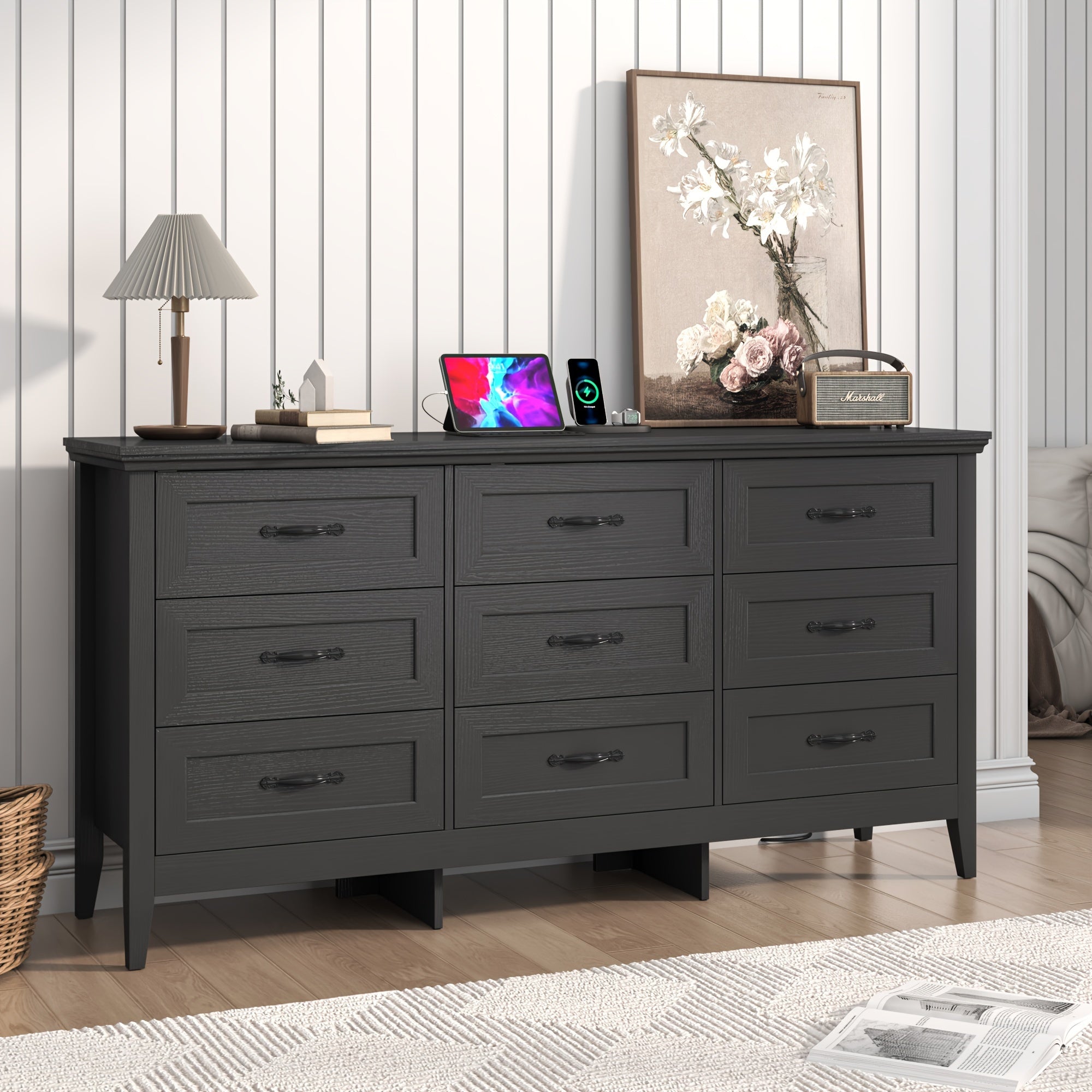 160cm Wood 9 Drawers Dresser For Bedroom, Wide Chest Of Drawers, Storage Double Dressers Organizer For Bedroom, Living Room