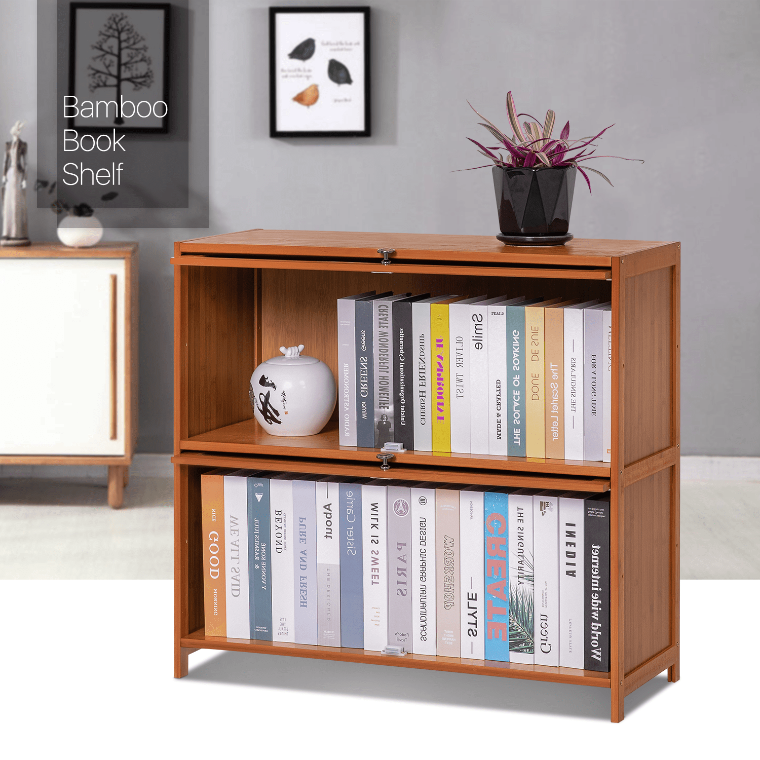 Bamboo 2 Tier Bookcase with Flip Doors Free Standing Book Shelf Storage Organizer Save Space for Living Room Office Bathroom, Brown