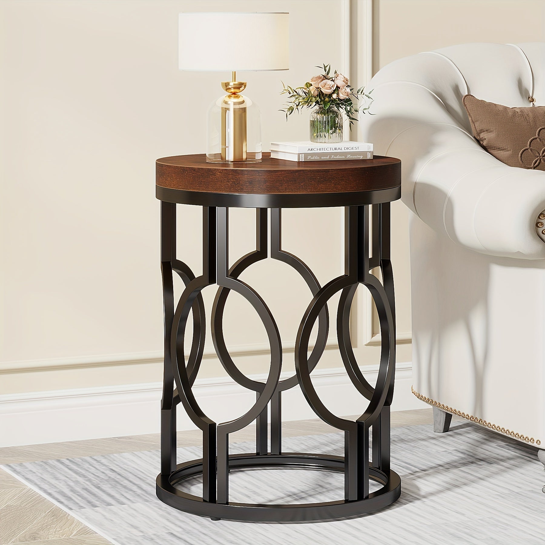 Round End Table, Industrial Side Table with Metal Hollow Frame, Small Bedside Table Nightstand for Living Room, Bedroom, Easy Assembly