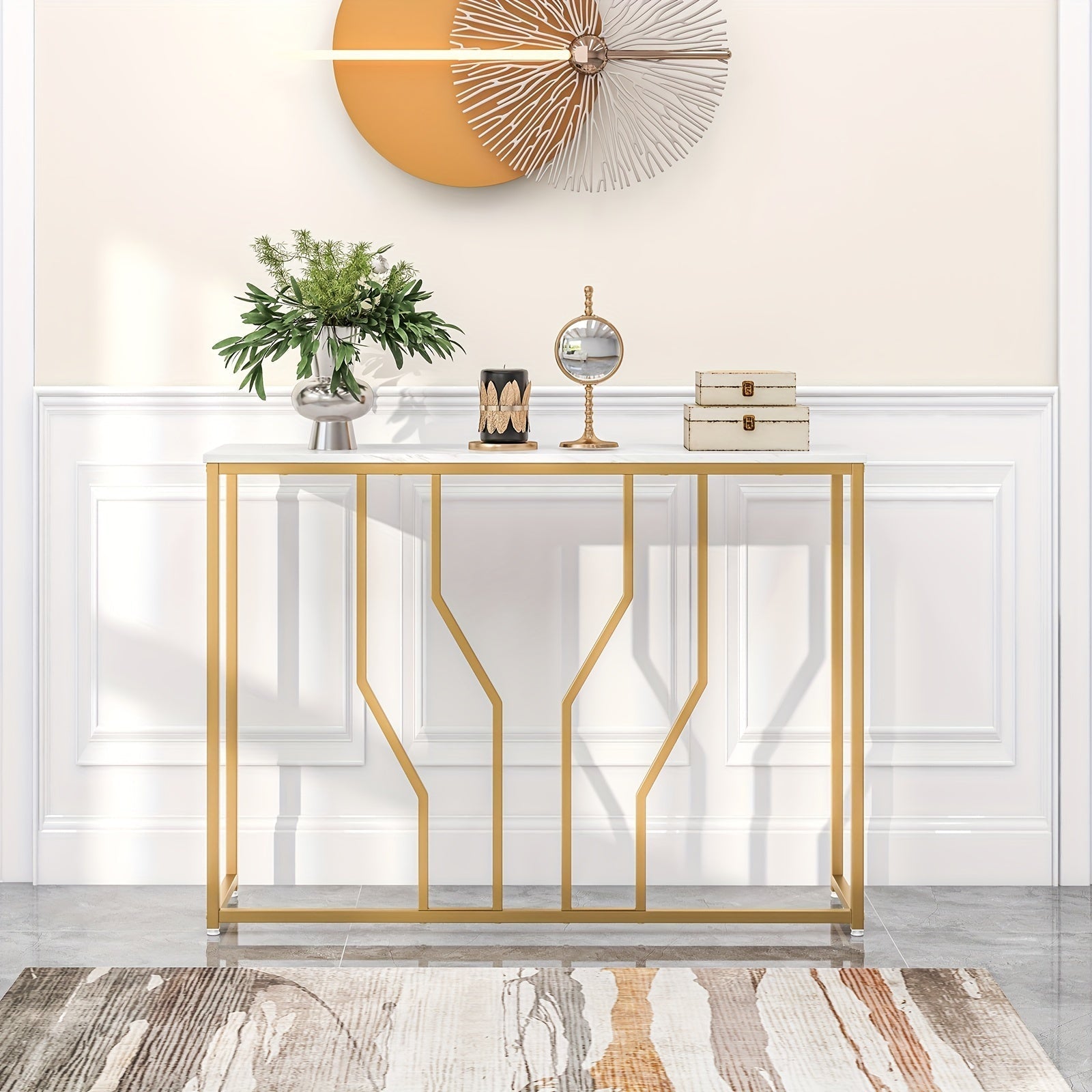 1pc 112cm Golden Console Table with Faux Marble Tabletop and Golden Metal Frame for Entrance