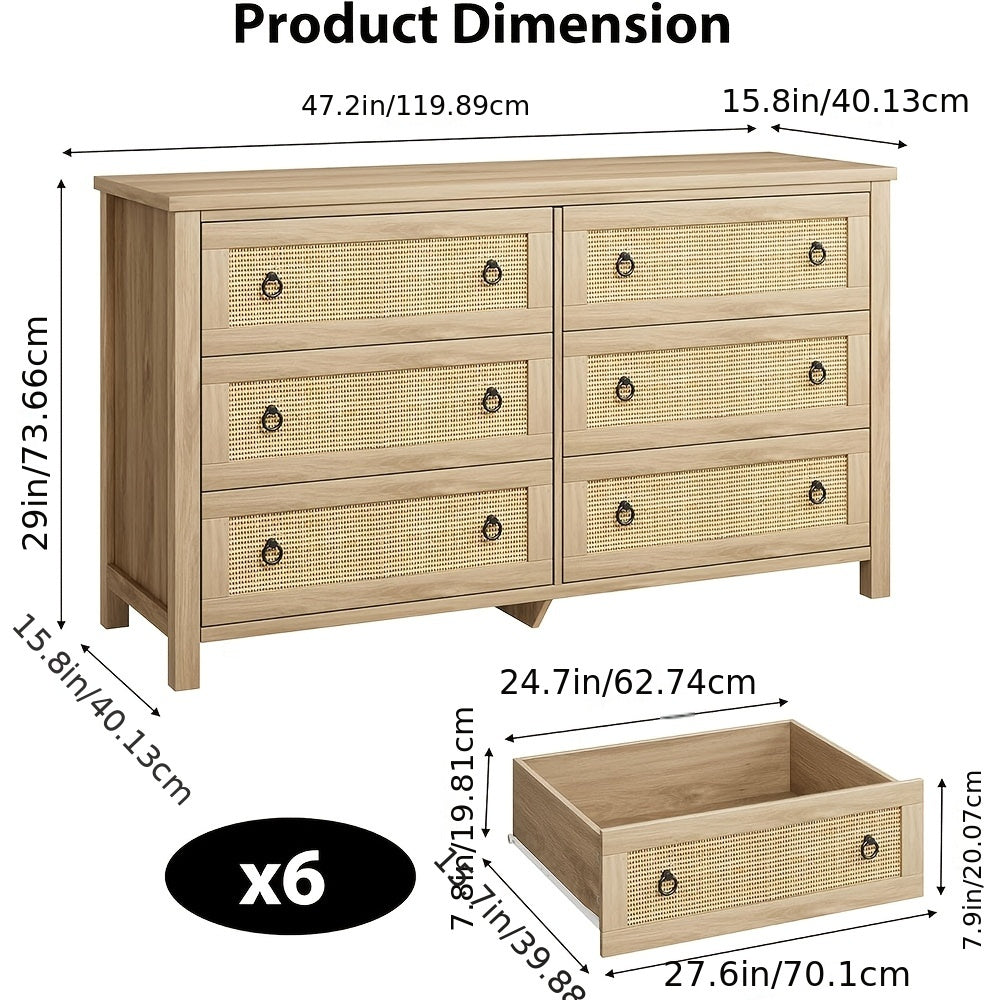 Rattan 6-Drawer Dresser, 120cm Wide - Boho Chic Natural Wood Finish with Decorative Knobs, Freestanding Storage Chest for Bedroom, Nursery, Living Room - Easy Assembly