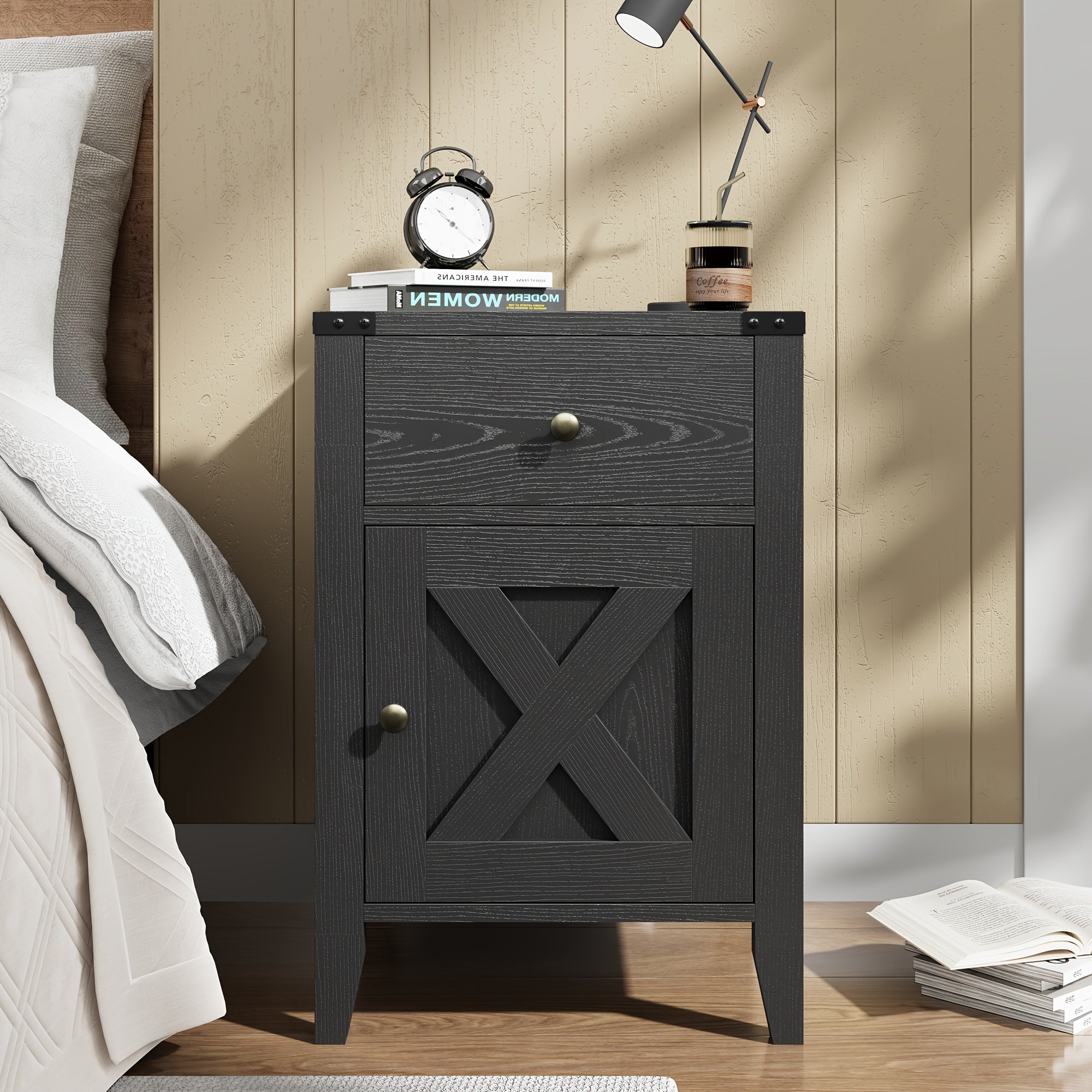 Farmhouse 60cm H Black Nightstand, Bed Side Table With Drawers & Storage Cabinet, End Table (1 PC/ 2 PCS) Black