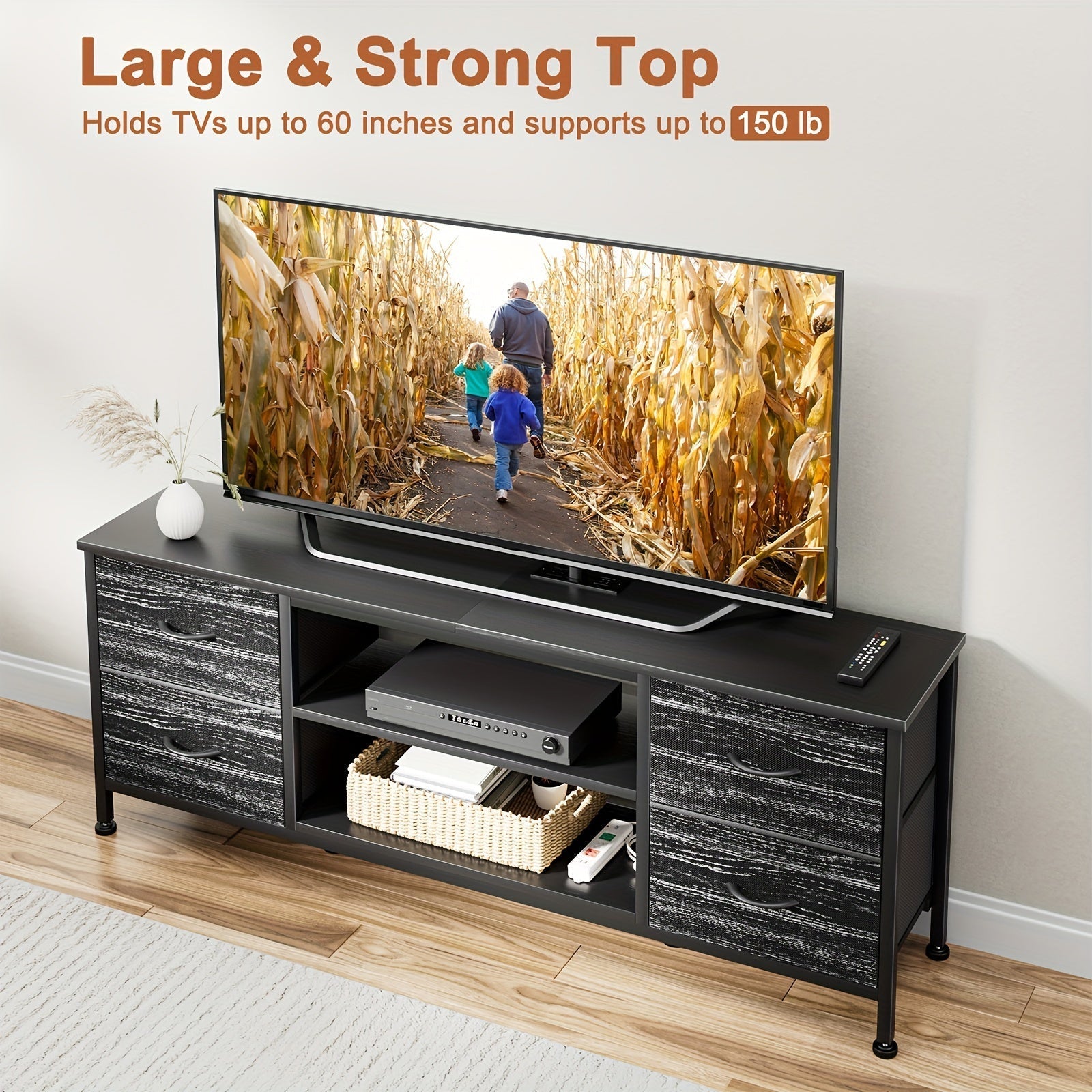 Dresser TV Stand, Entertainment Center Power Outlet With Fabric Drawers, Media Console Table With Metal Frame And Wood Top For TV Up To 60 Inch, Chest Of Drawers For Bedroom