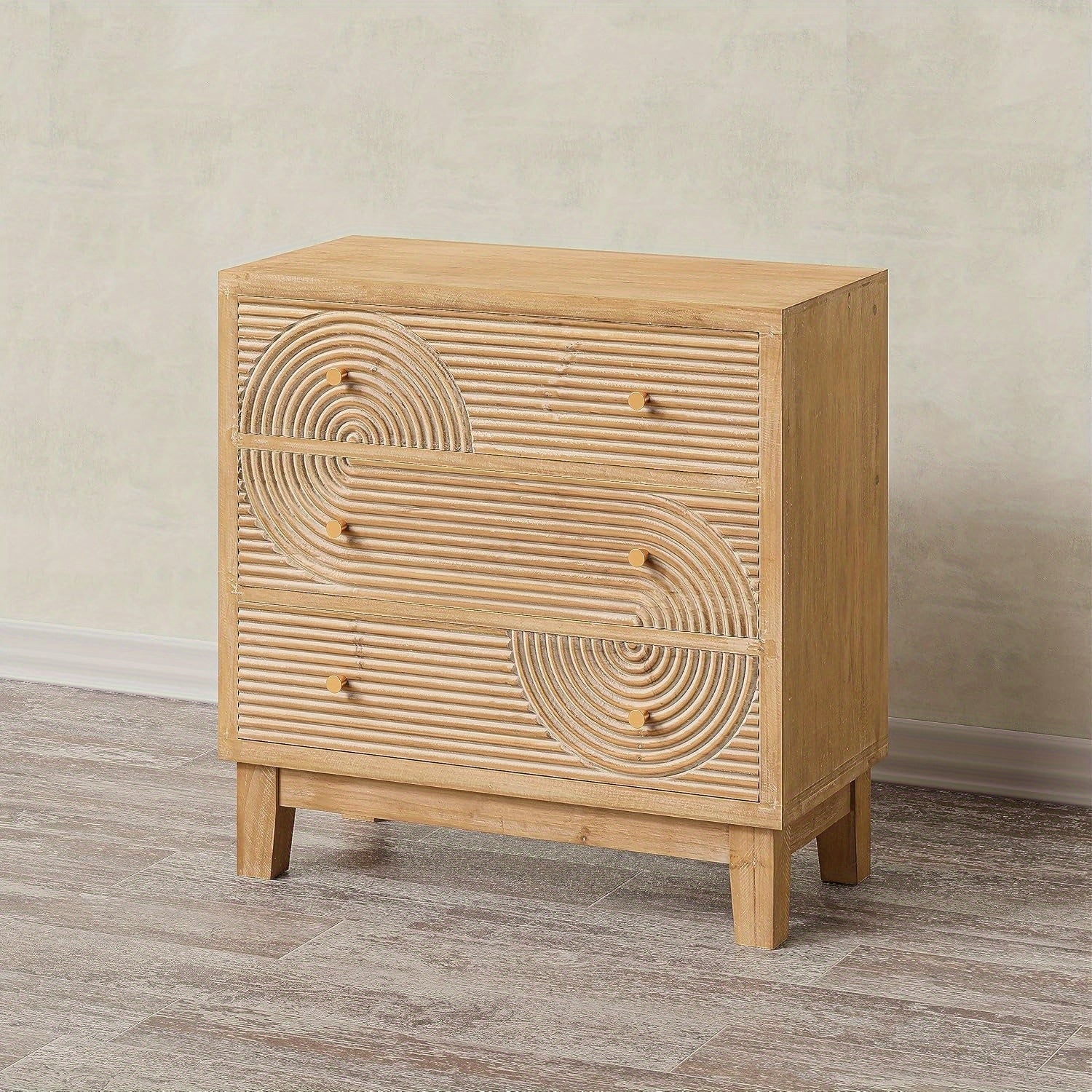 3-Drawer Farmhouse Dresser with Handicraft Wood Ring Motif, Fully Assembled Nightstand Wooden Finish for Boho, Mid-Century, Natural Wood, Rustic Style