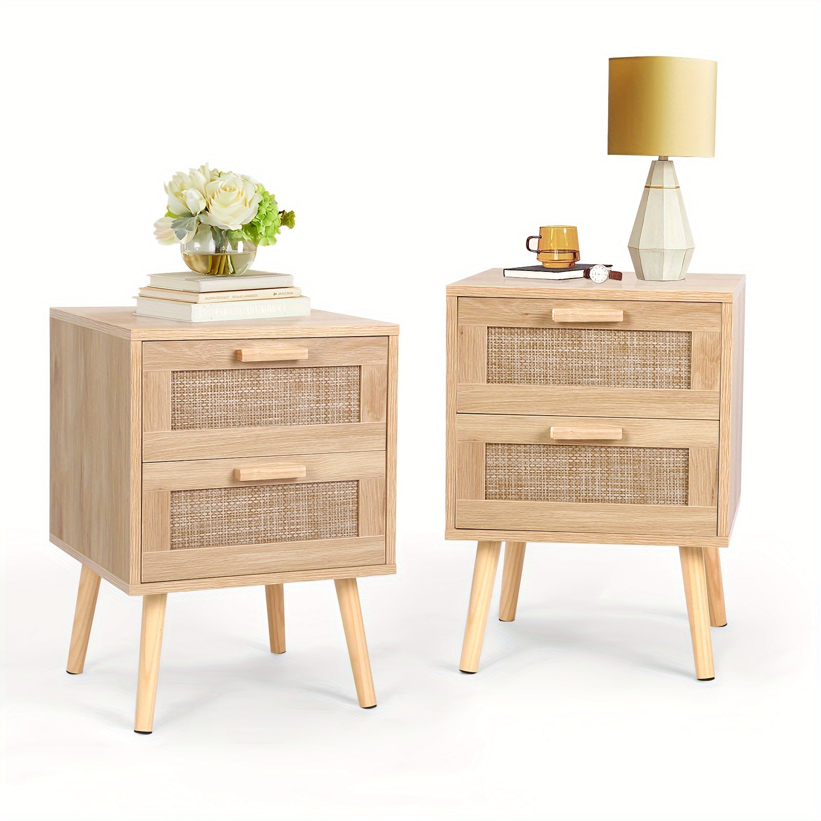 2pcs Rattan Nightstand Set, Wooden End Table With 2 Drawers, Solid Wood Legs, Bedroom Side Table With Handmade Rattan Accents, Smooth Slide, Easy Assembly For Home Decor