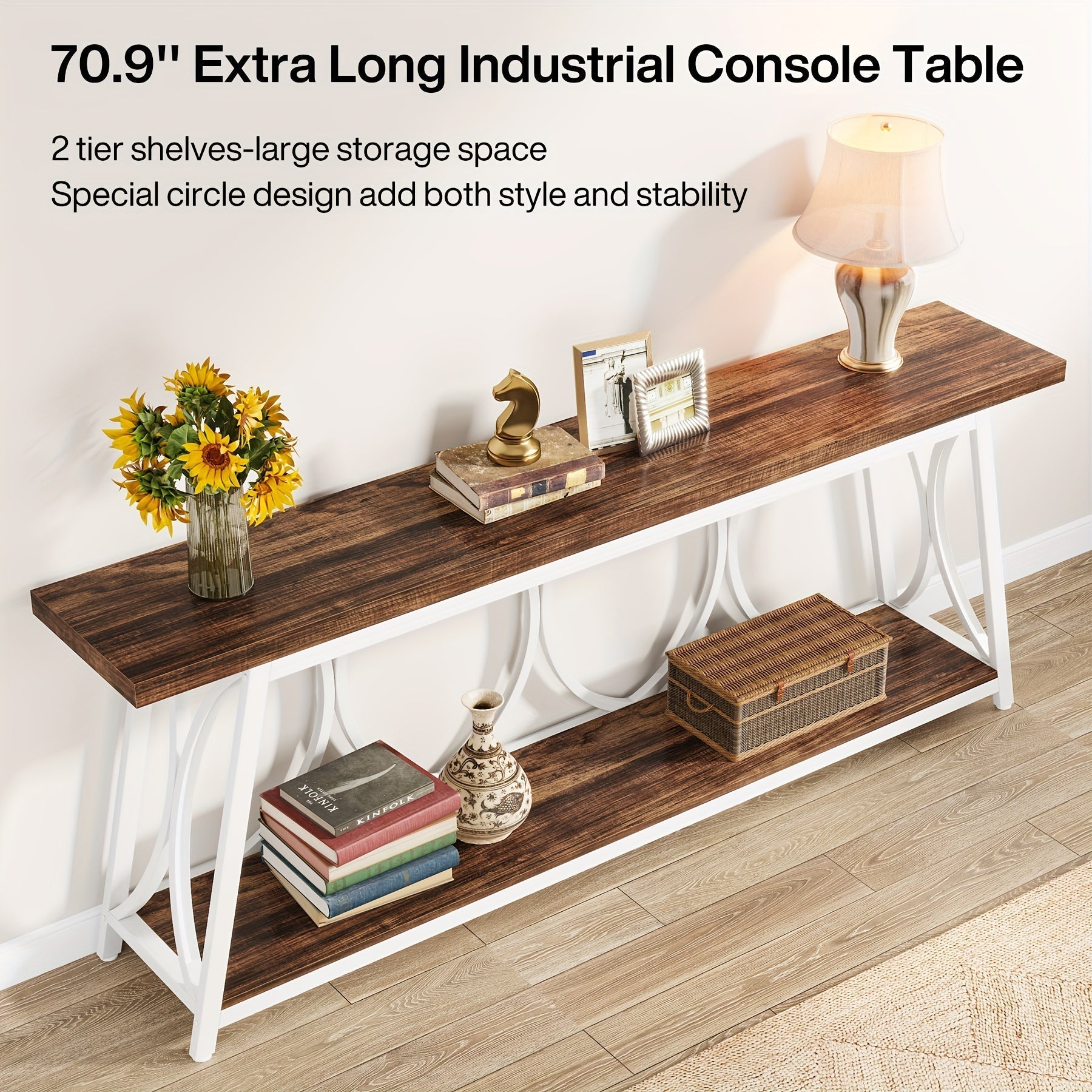 180 cm Extra Long Console Table, Industrial Sofa Table Behind Couch with 2 Tier Storage Shelf, Narrow Entryway Hallway Accent Table for Living Room