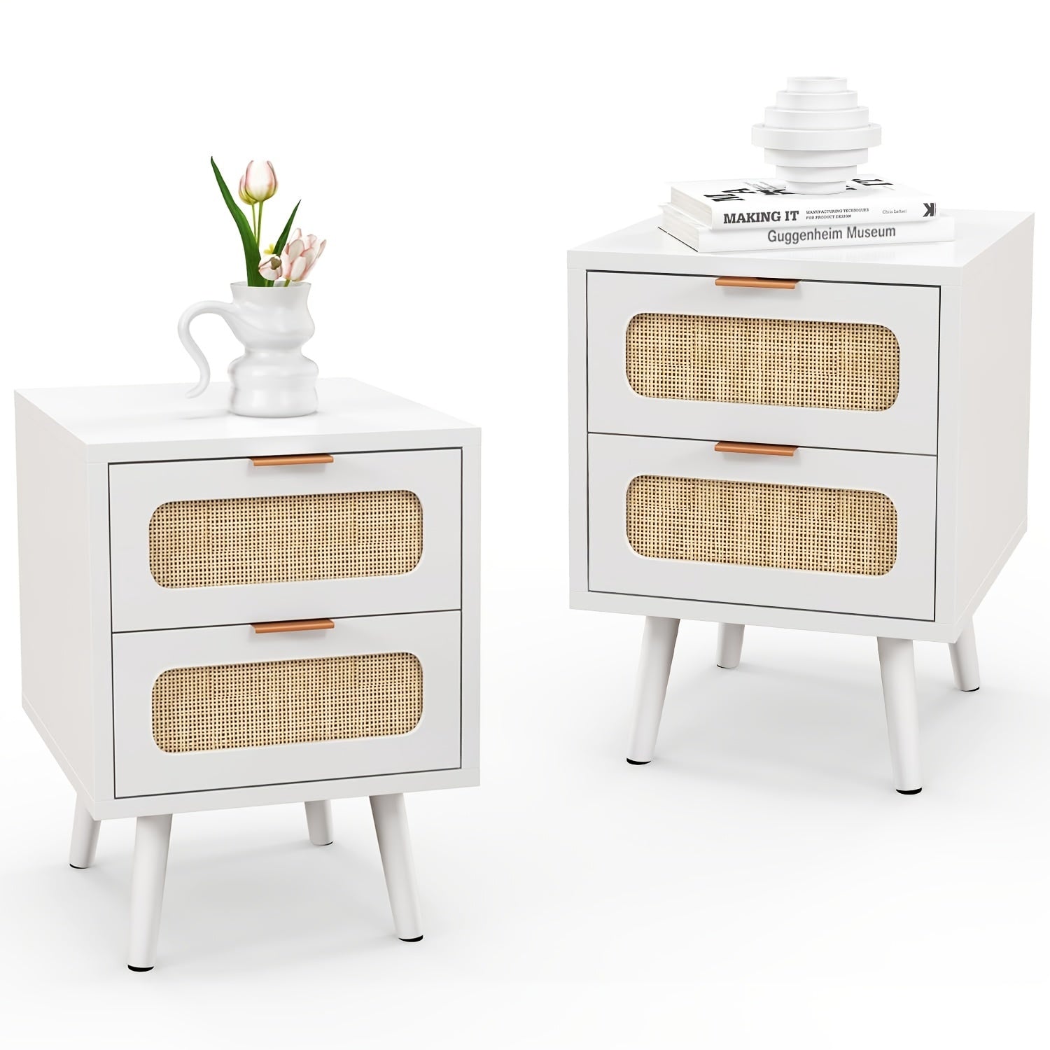 Set Of 2 Nightstands With Rattan Drawer, Modern Night Stand For Bedrooms, Wooden 2 Drawer Bedside Table Side Table For Small Place Living Room And Bedroom