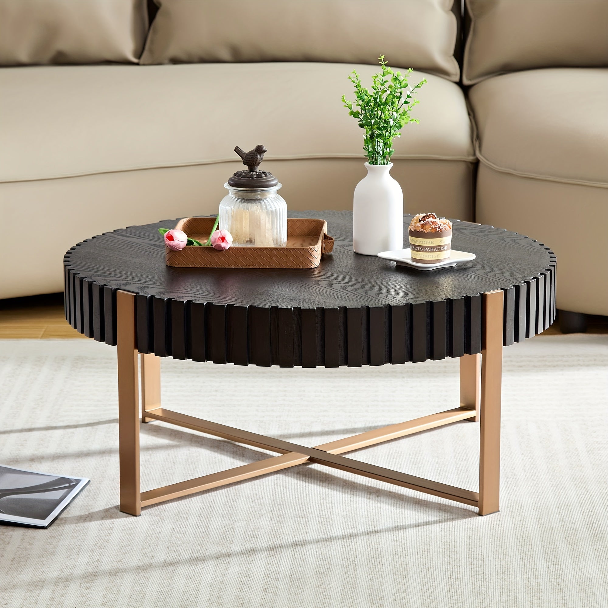 Modern Handcraft Drum Coffee Table 82cm Round Coffee Table For Living Room, Small Coffee Table With Sturdy Pedestal, Black