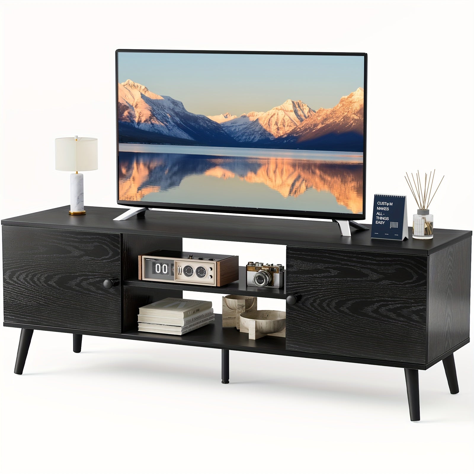 TV Stand for 152cm Television, Entertainment Center with Storage, 2 Cabinet Media Console Table, Soft Hinge Door with Handle, Wood Feet, Office Furniture