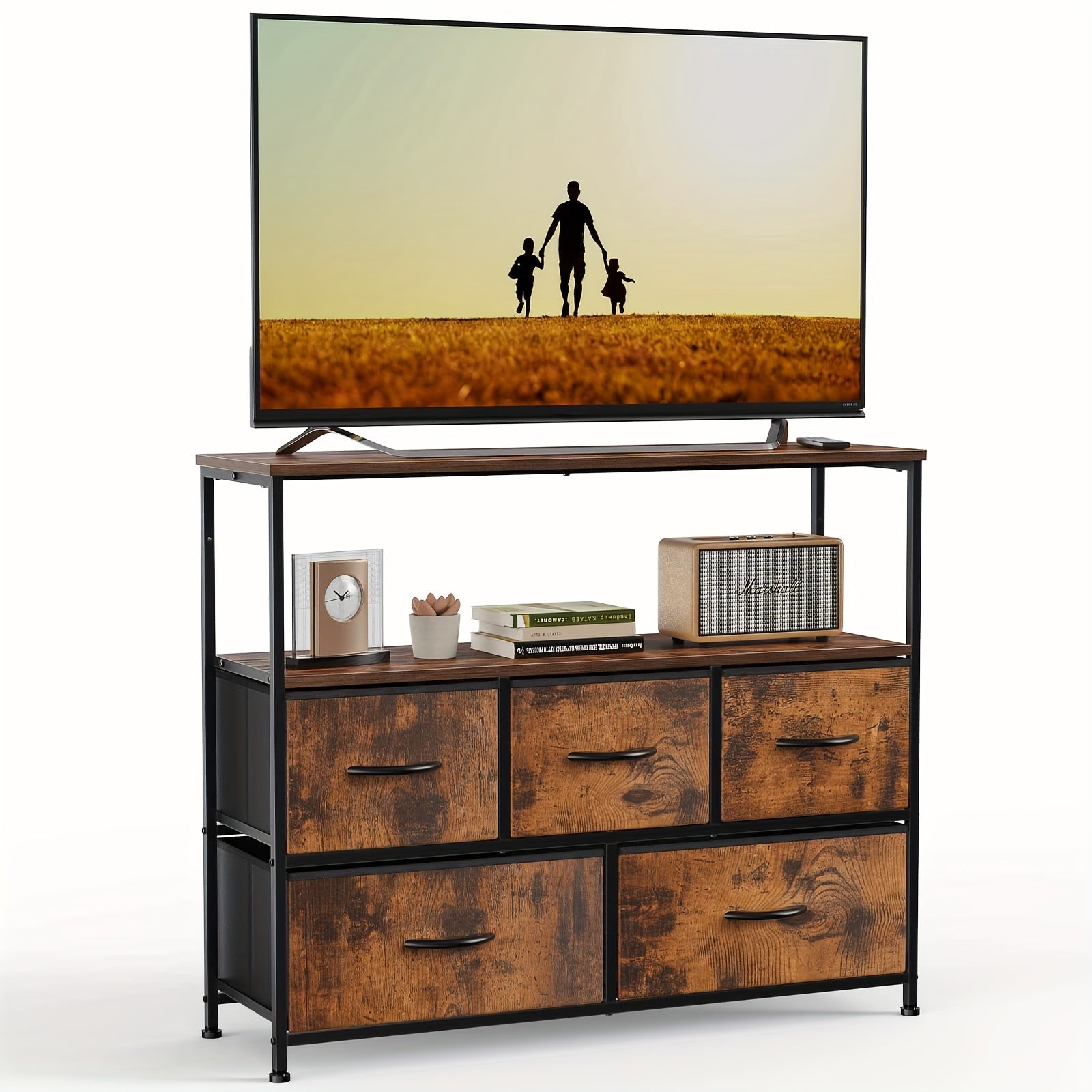 1pc 5 Drawer TV Cabinet, TV Cabinet For 66 To 140cm TV, Fabric Storage Box, Dresser And Drawer Chest, Storage Tower With 5 Cabinets, Metal Frame Portable Furniture For Living Room, Bedroom, Laboratory; 1pc Iron TV Stand