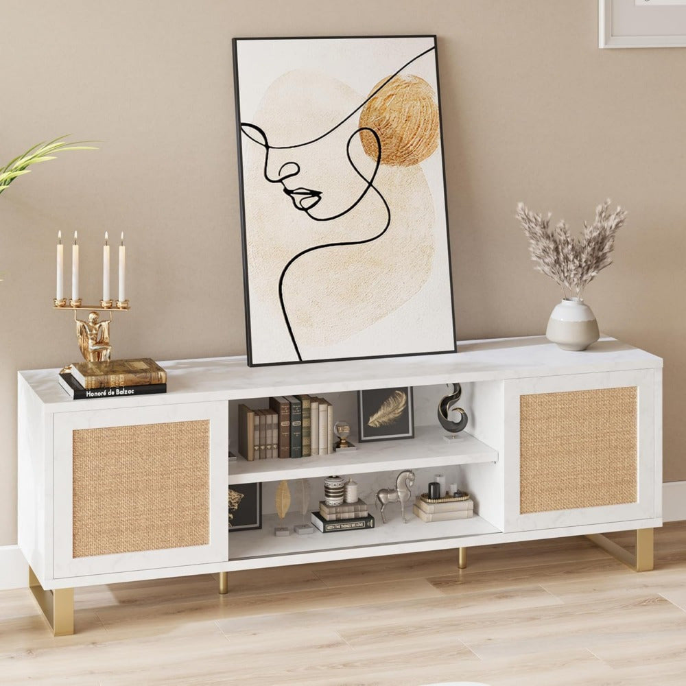 165cm TV Cabinet, Rattan Entertainment Center Modern TV Console Table White TV Cabinet with Storage, Doors and Shelves, Easy To Assemble, Low TV Console Media Cabinet Furniture for Living Room Bedroom