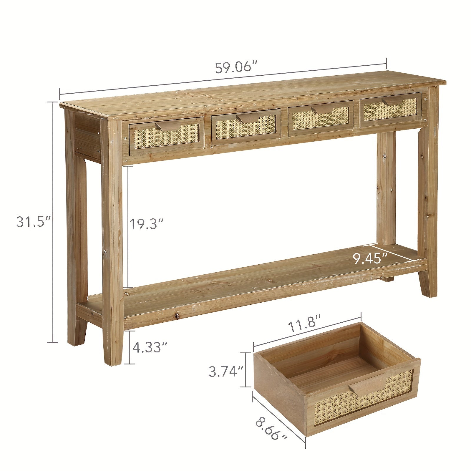 152 cm Farmhouse Console Table With 4 Rattan Drawers, Narrow Boho Foyer Table With Open Storage Shelves For Entryway, Hallway, Living Room