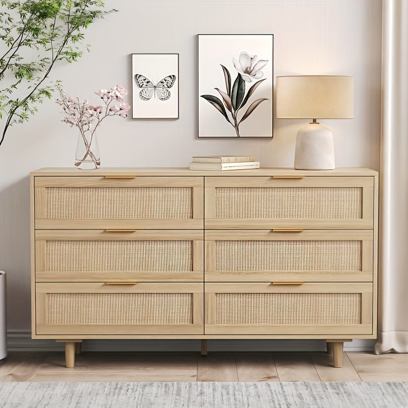 Rattan Dresser For Bedroom, 6 Drawer Wide Dresser, Boho&Farmhouse Chest Of Drawers, Clothes Storage Cabinet, Metal Handle&Wood Legs For Hallway, Living Room, Bedroom