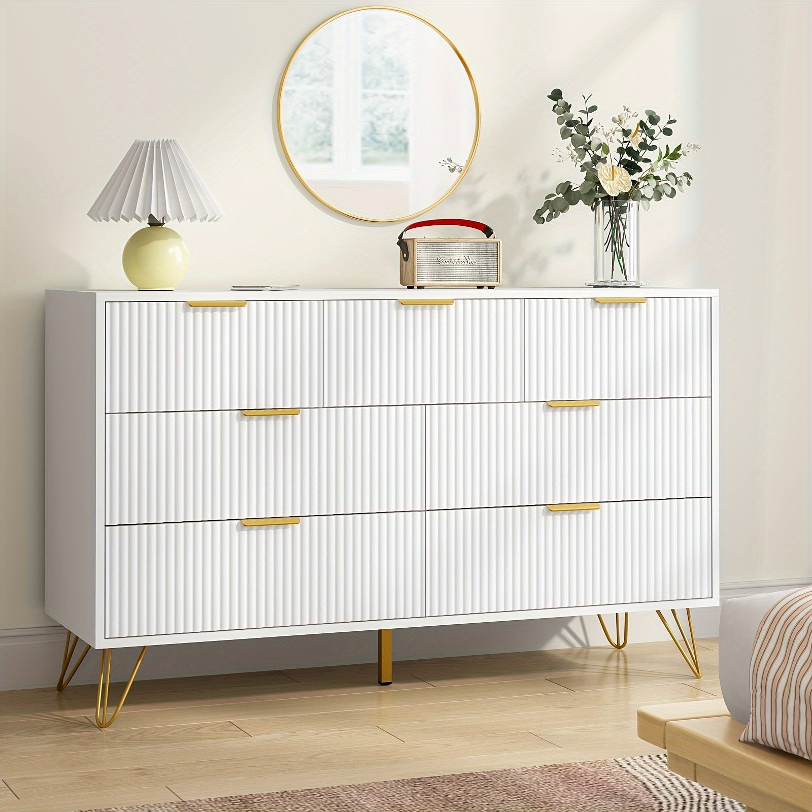 Modern Fluted Wood Dresser with Golden Handle, 7 Drawers - White Storage Organizer for Bedroom, Living Room, Hallway, Entryway