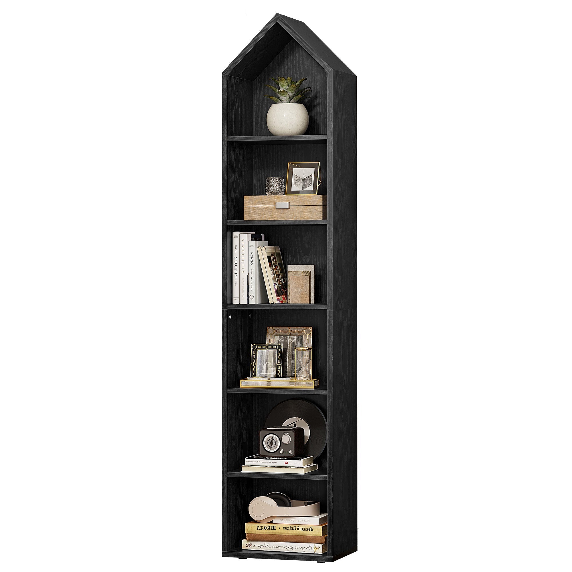 185cm Slim Modern Wooden Bookshelf - 6-Tier Open Display Rack with Storage, Narrow Design for Office, Living Room, or Study, Black with Decorative Accents