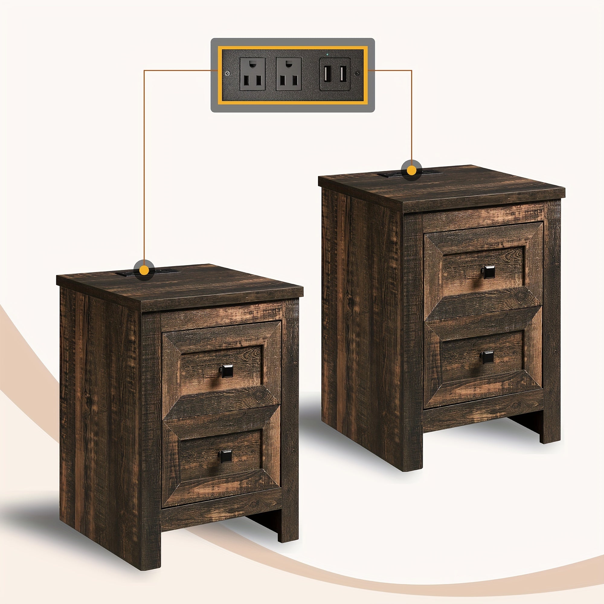 Nightstand Set of 2 with Charging Station, Rustic Bedside Table with Drawers Storage, Farmhouse Wood Night Stand for Bedroom, Living Room