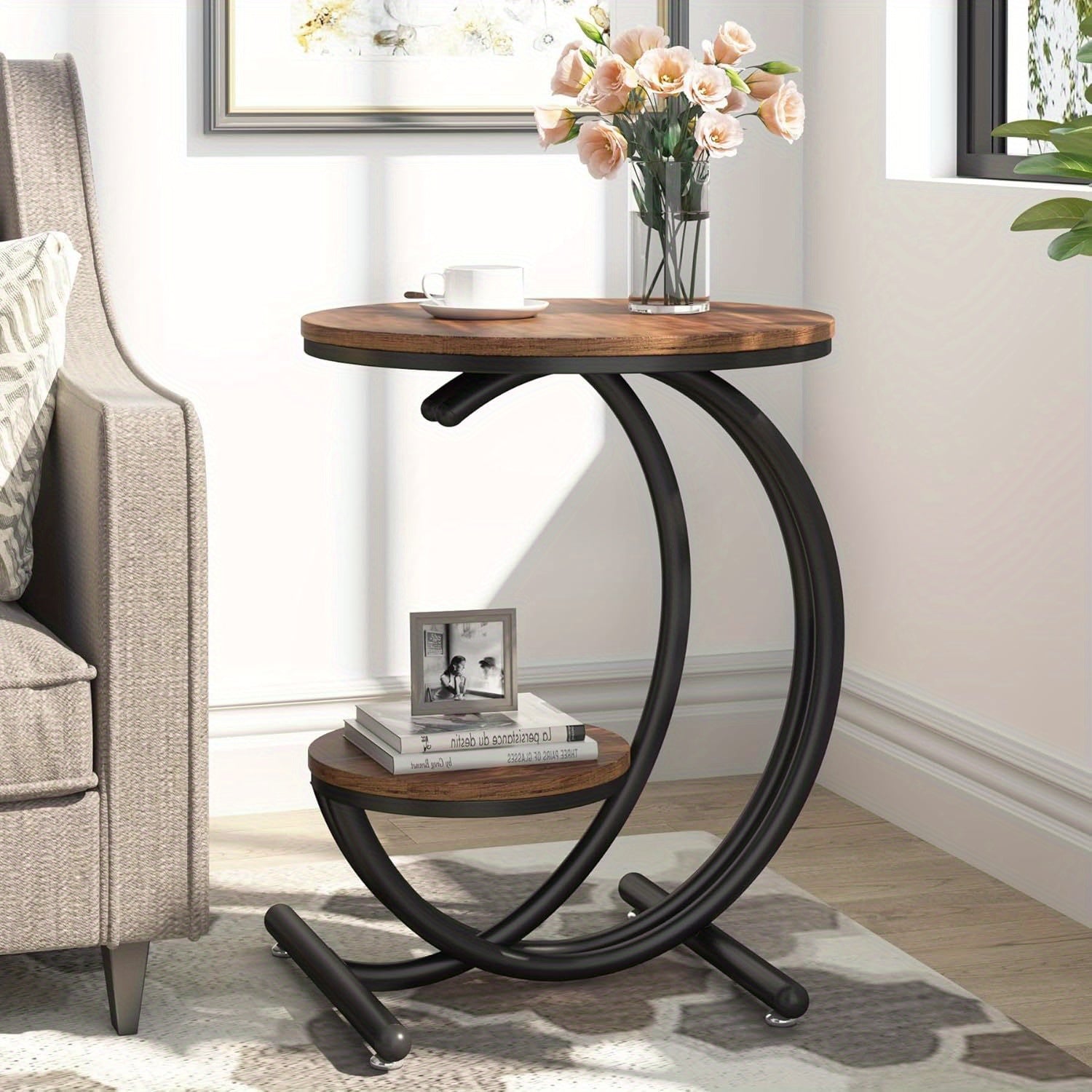 Modern Faux Marble Round End Table with Storage Shelf - Elegant Golden Accent Nightstand for Living Room & Bedroom, Available in Brown/Black