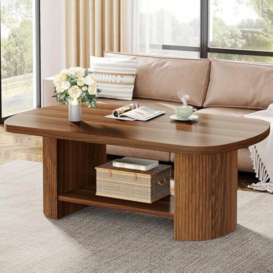 Oval Coffee Table, Mid-Century 2-Tier Coffee Table with Storage Shelf, Modern 45.27" Accent Center Table with Wooden Dual Base for Living Room Bedroom Apartment, Rustic Brown