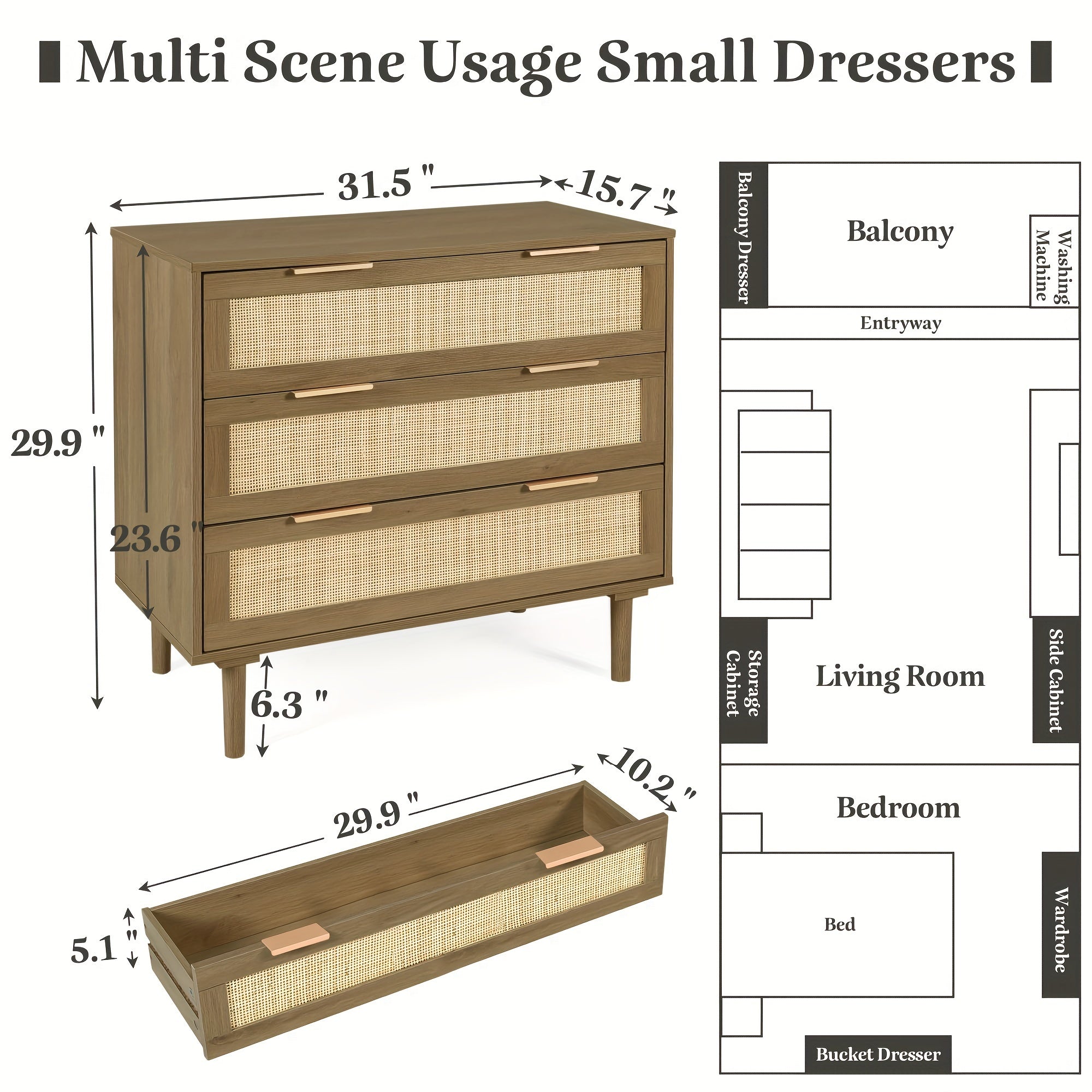 3 Drawer Dresser For Bedroom, Rattan Dresser Modern Closet Dressers Chest Of Drawers, Wood Brown 3 Drawer Storage Chest For Kids Bedroom, Hallway, Living Room