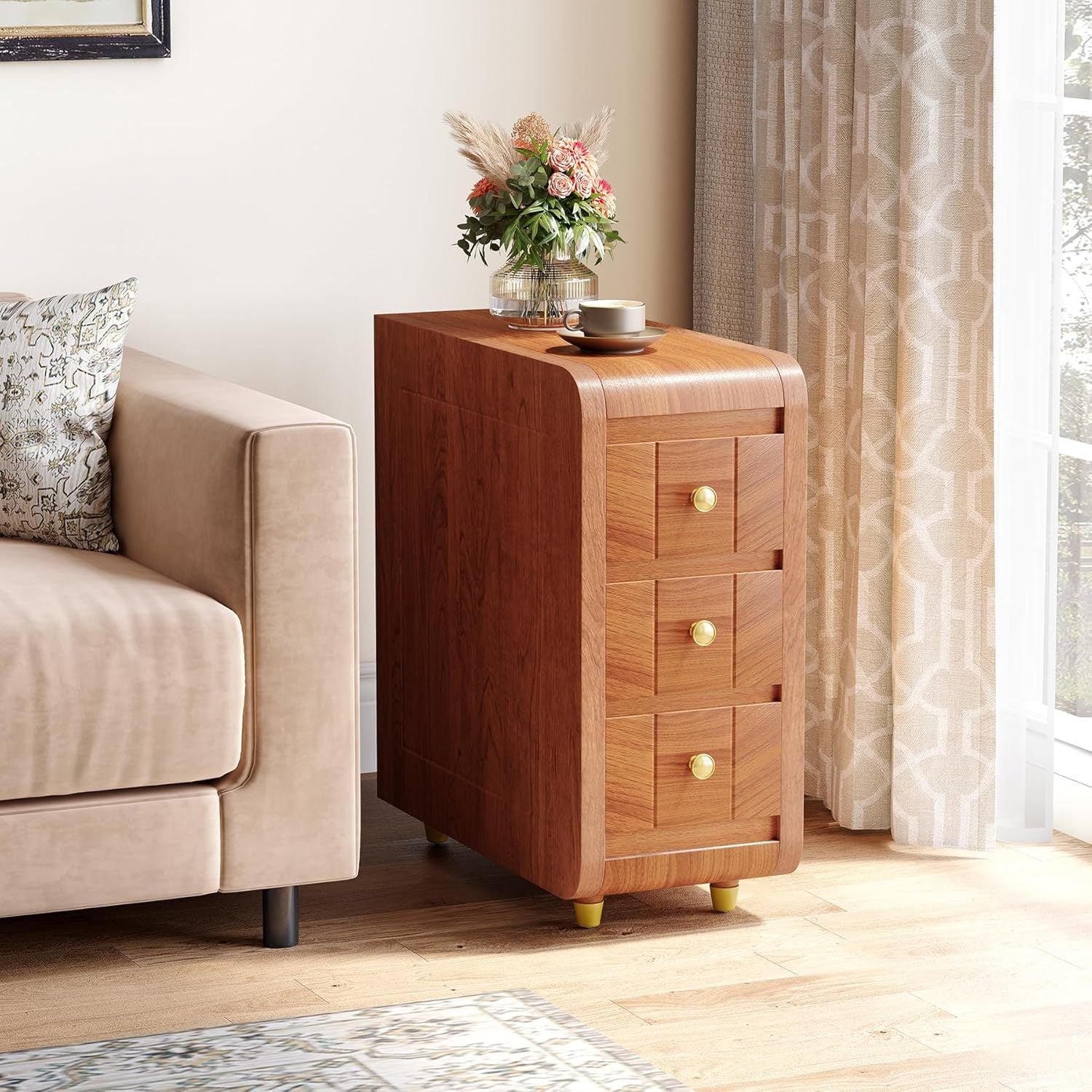 Vintage-Style Brown Hardwood Nightstand with Drawers - Space-Saving Skinny Side Table for Bedroom, Durable Wood Construction with Golden Knobs, Ideal for Small Spaces & Storage Needs, Night Table for Bedroom