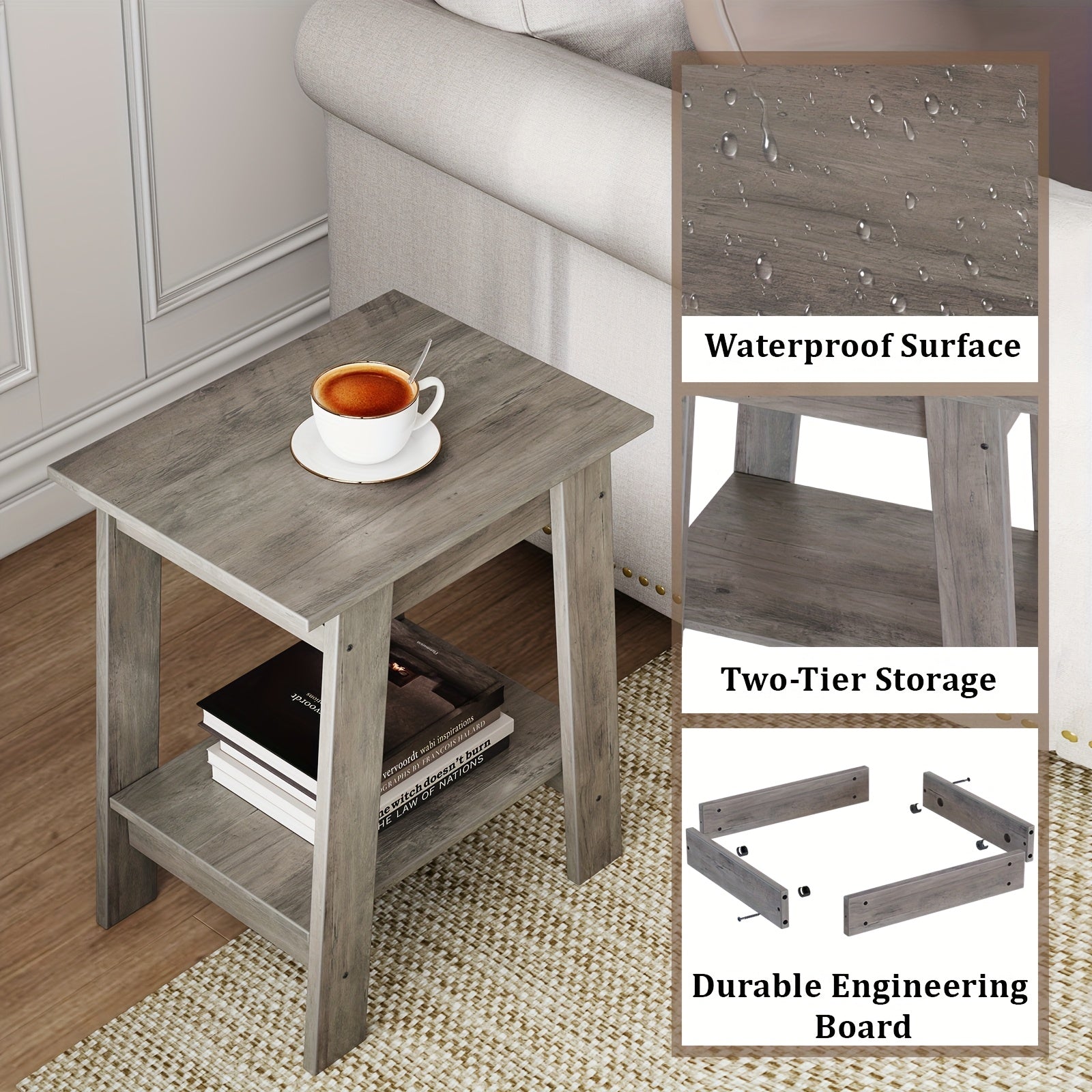 End Table, Small Side Table, Nightstand With 2-Tier Storage Shelf, Wooden Bedside Table, Narrow Side Table Living Room, Side Table For Small Spaces, Bedroom, Entryway, Farmhouse, Rustic Brown/Grey