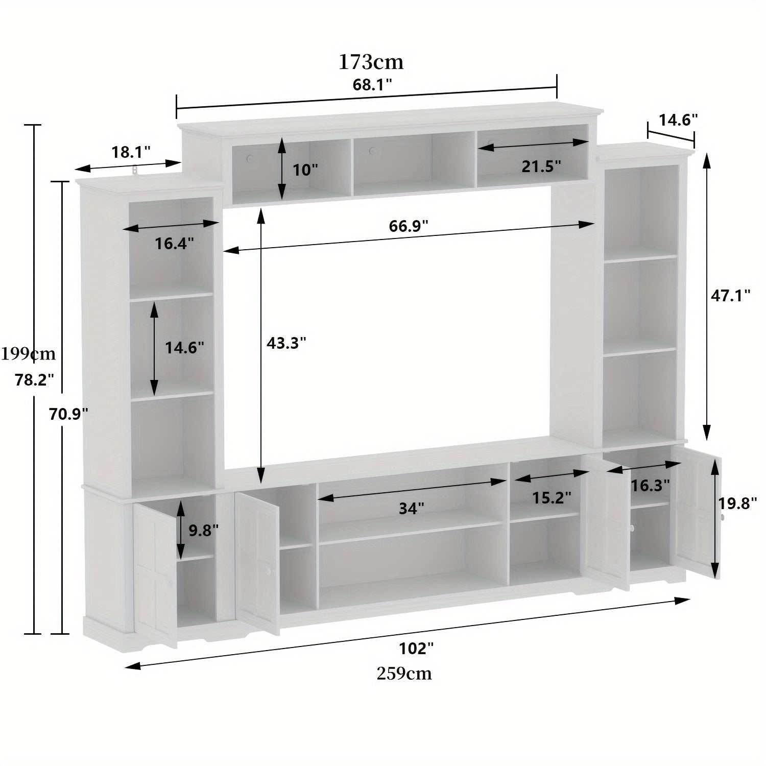 4-Piece Wall Unit TV Stand With Bookshelves For TVs Up To 165cm, Modern TV Console Table Media Entertainment Center With Glass Doors & Open Shelves For Living Room, Bedroom & Home Theater