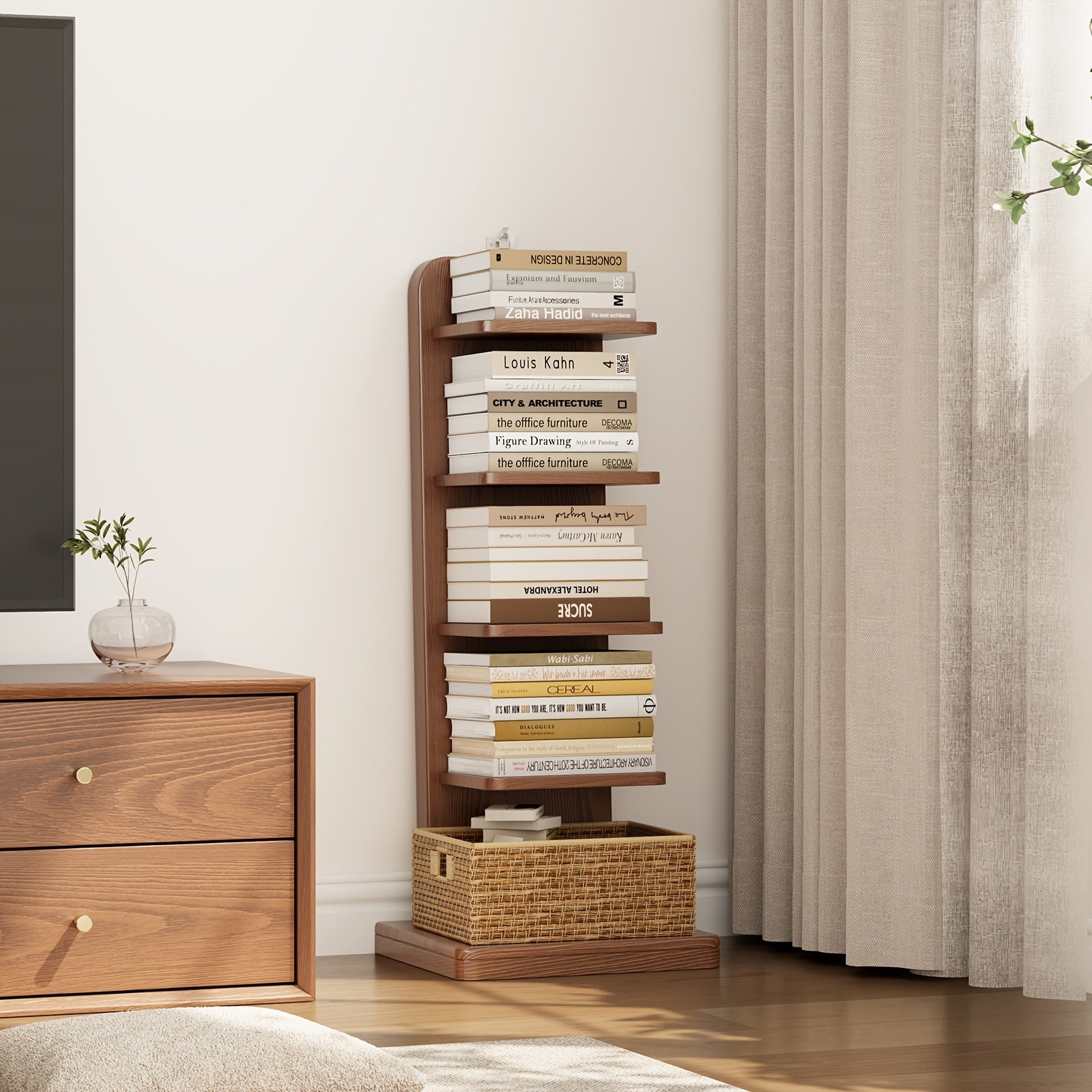 Furniture For Home Narrow Bookshelf, Ladder Bookshelf, 5 Shelf Bookcase, Mid Century Modern Bookshelf With Freestanding Display Shelves, Anti-tip Device And Thickened Base, Wood Bookshelf For Living Room, Apartment,