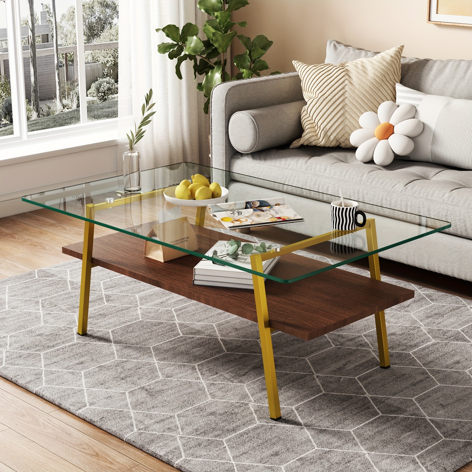 Glass Coffee Table, Mid Century 2 Tier Rectangle Accent Table, Tempered Glass Top & Wood Storage Shelf, Center Table For Living Room Apartment Small Space