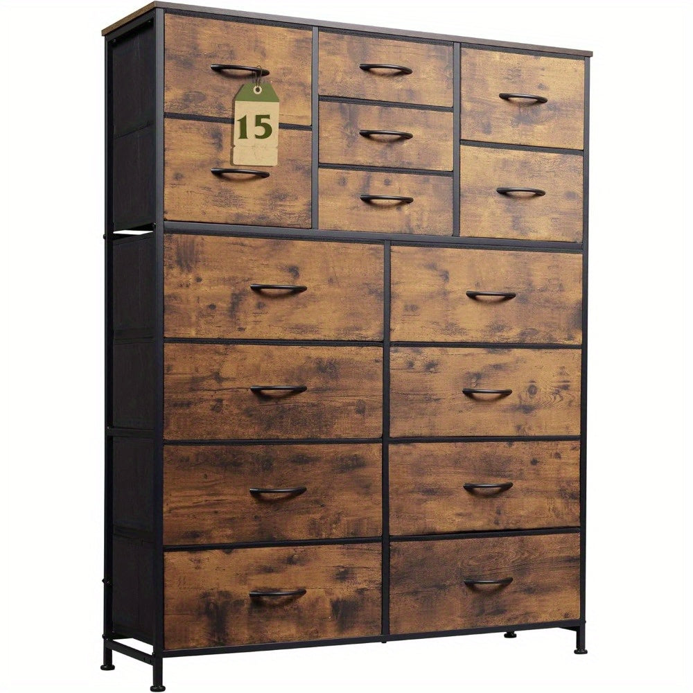 Tall Dresser for Bedroom Furniture, Fabric Dressers Storage Tower with 15 Deep Drawers, Chest of Drawers Organizer Unit, Dresser for Closet, Hallway, Entryway, Charcoal Black Wood Grain Print