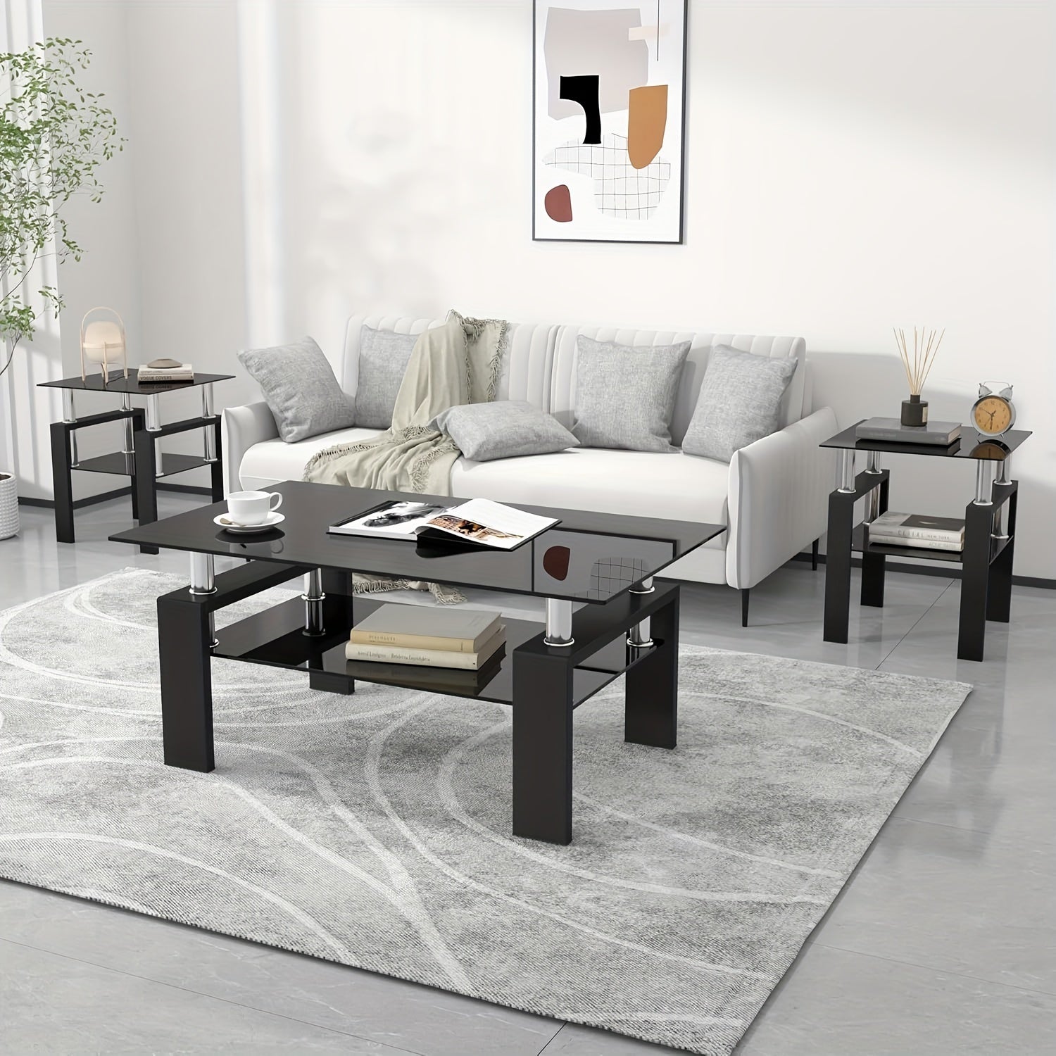 Glass Coffee Table Set Of 3, 3pcs Living Room Tables With Tempered Glass And Metal Frame, Coffee And End Table Sets