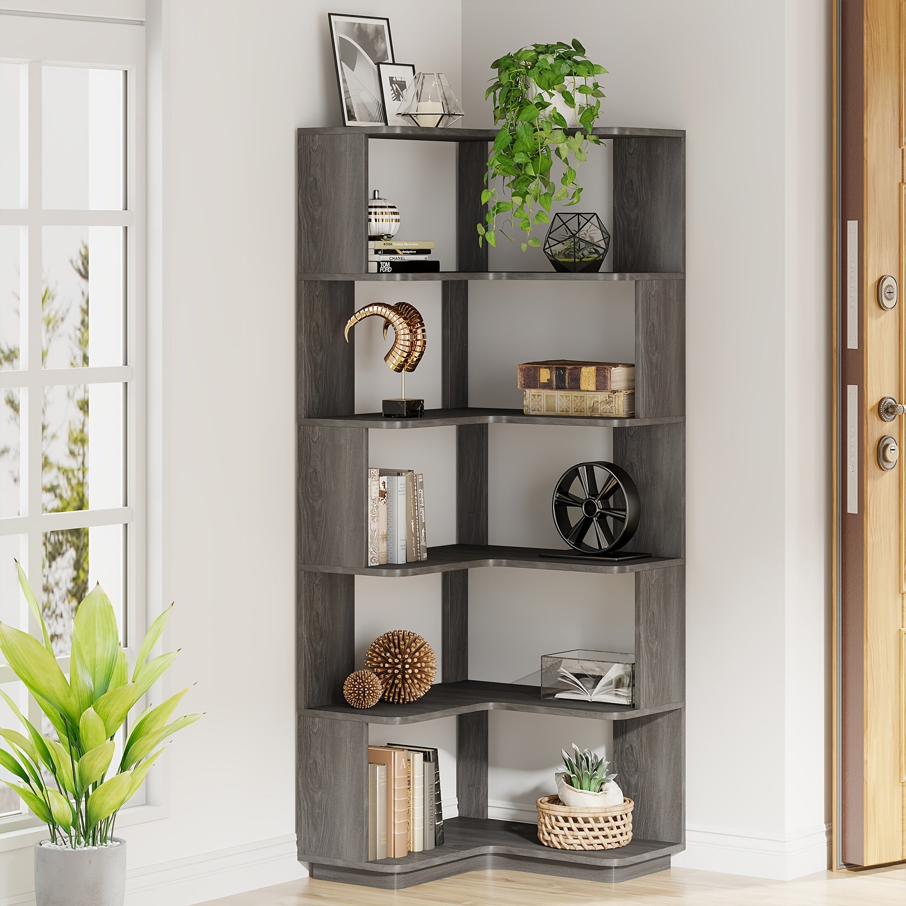 64.9 Inch Tall 6-Tier Corner Bookshelf With Anti-Drop Panel, Industrial Freestanding Display Rack And Storage Organizer For Home Office, Living Room