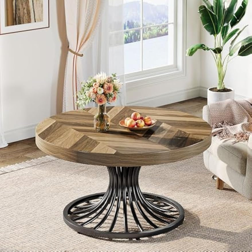 Round Coffee Table for Living Room, 82cm Small Wood Coffee Table with Stylish Metal Pedestal, Industrial Wooden Accent Center Table for Small Spaces, Home Office, Rustic Brown and Black