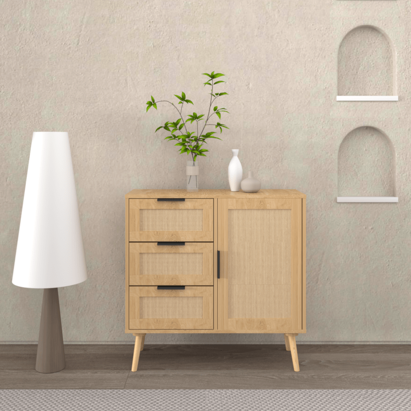 Bedroom Storage Chic Modern Rattan & Wood Dresser with Natural Finish - 3-Drawer Storage Cabinet with Black Handles, Non-Waterproof for Bedroom, Living Room, Entryway - Elegant Pink Lamp & Vintage Radio Display Sideboard, Be