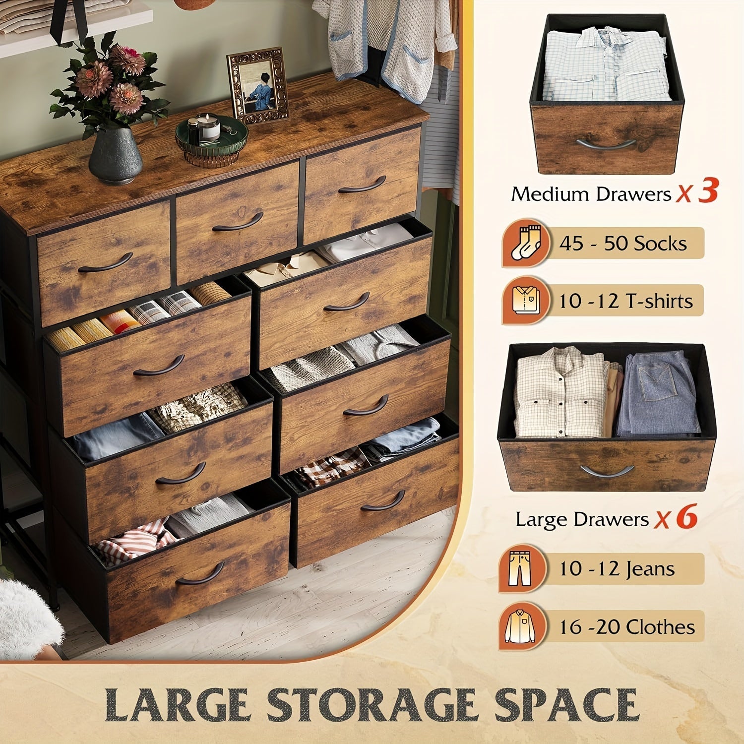 9 Drawer Dresser, Fabric Storage Tower for Bedroom, Hallway, Closet, Tall Chest Organizer Unit with Fabric Bins, Steel Frame, Wood Top, Easy Pull Handle, Rustic Brown Wood Grain Print