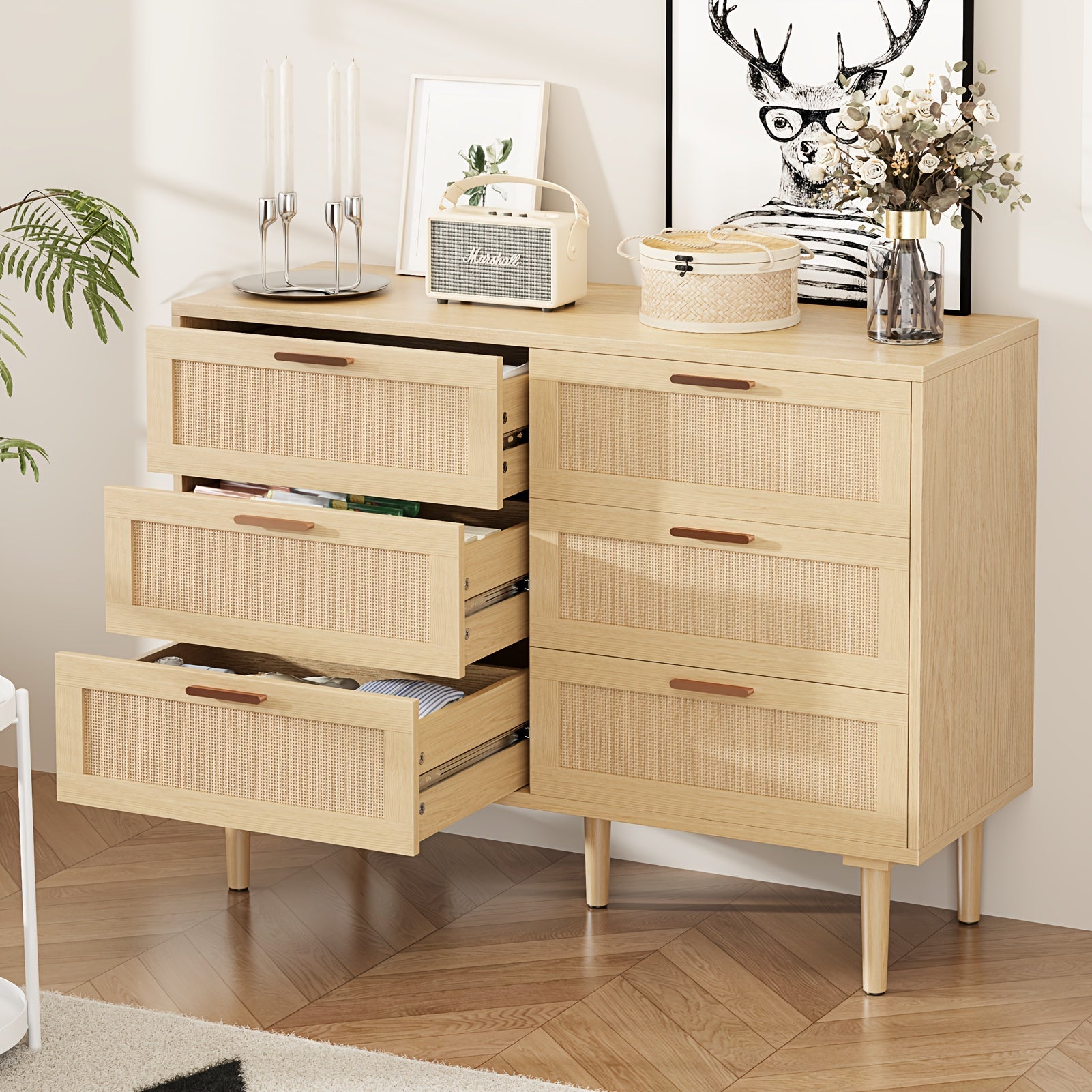 6 Drawer Dresser, Modern Wooden 6 Drawer Dresser, Rattan Dresser with Golden Handles for Bedroom, Rattan Storage Chest Of Drawers for Bedroom, Living Room