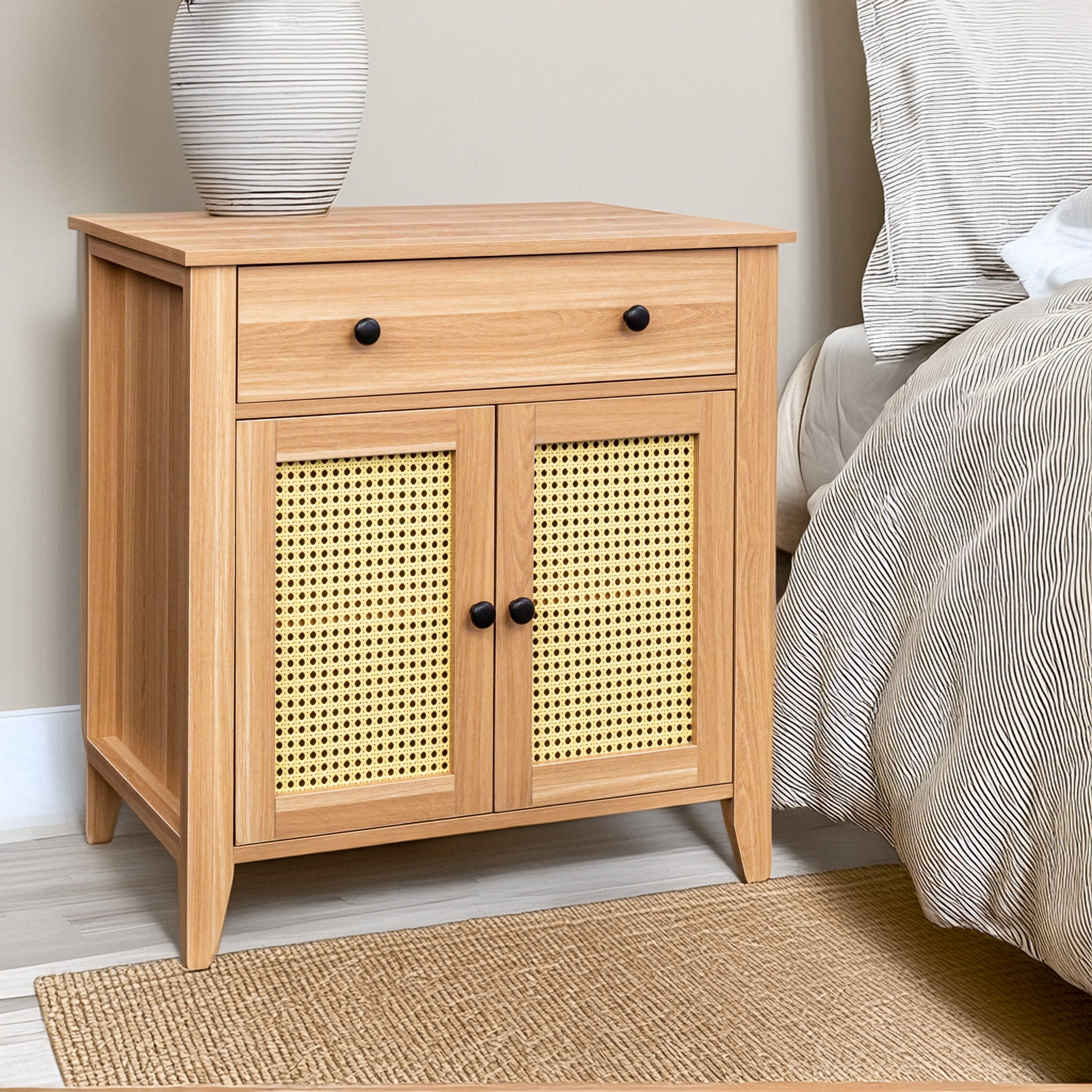 Rattan Nightstand, Mid Century Modern Nightstand With Rattan Decorated Door And Adjustable Shelf, Bedside Storage End Table With Drawer, Night Stand For Bedroom And Living Room