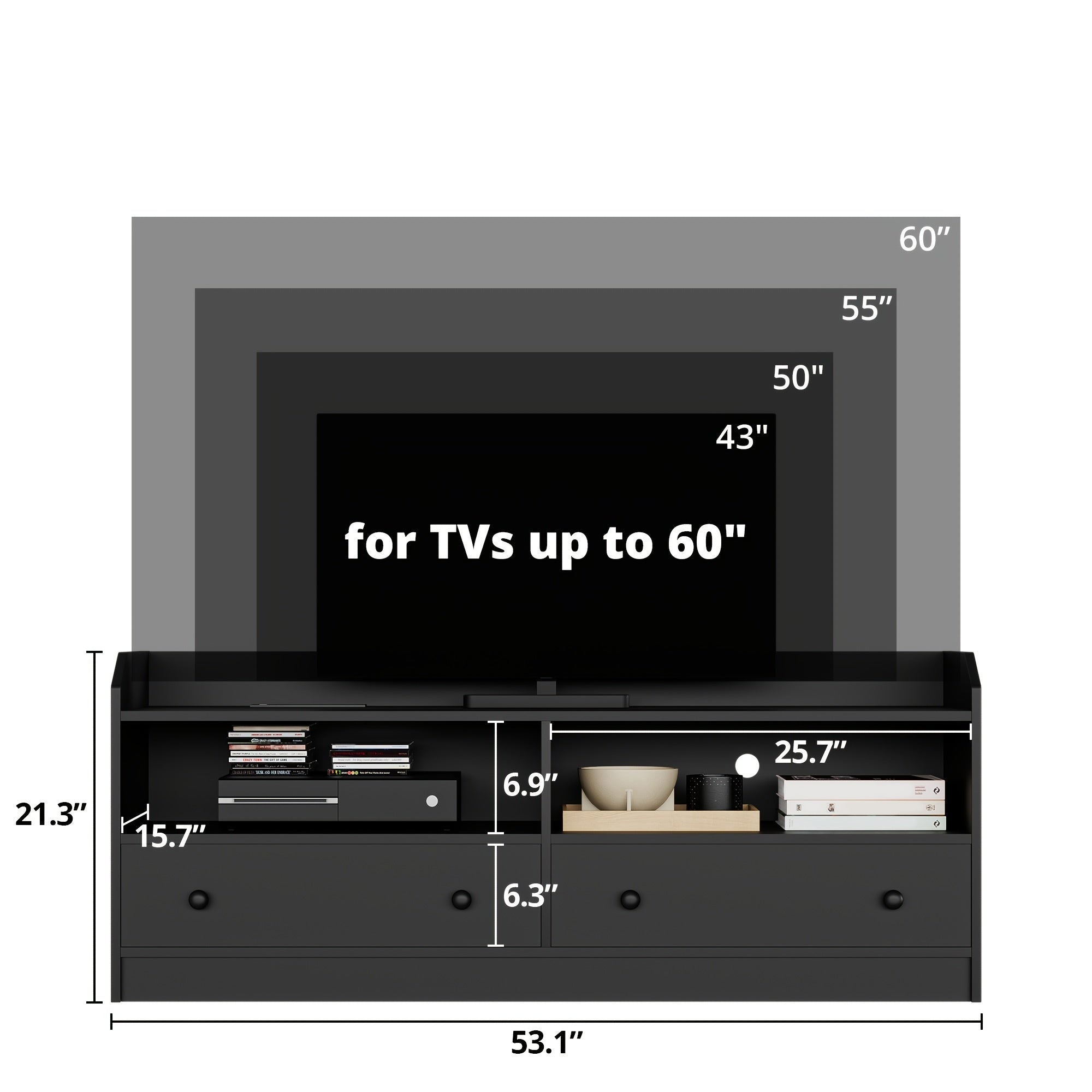 TV Stand for 127/140/152cm TV, Entertainment Center, TV Console with 2 Shelves & 2 Drawers, Open Storage Shelf, Media Console for Living Room, Perfect for Storage, Black