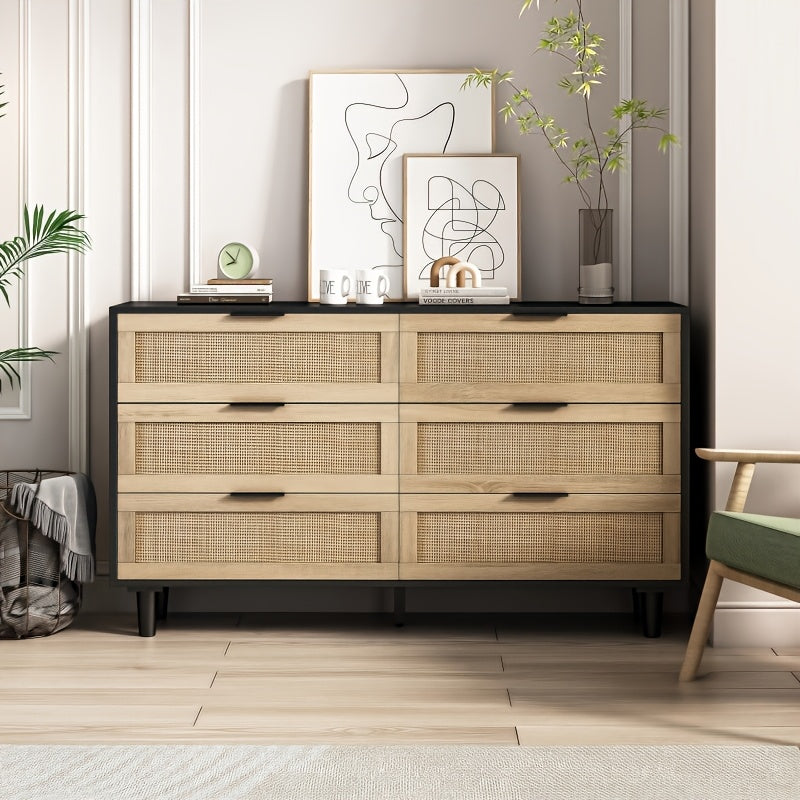 Rattan Dresser For Bedroom, 6 Drawer Wide Dresser, Boho&Farmhouse Chest Of Drawers, Clothes Storage Cabinet, Metal Handle&Wood Legs For Hallway, Living Room, Bedroom